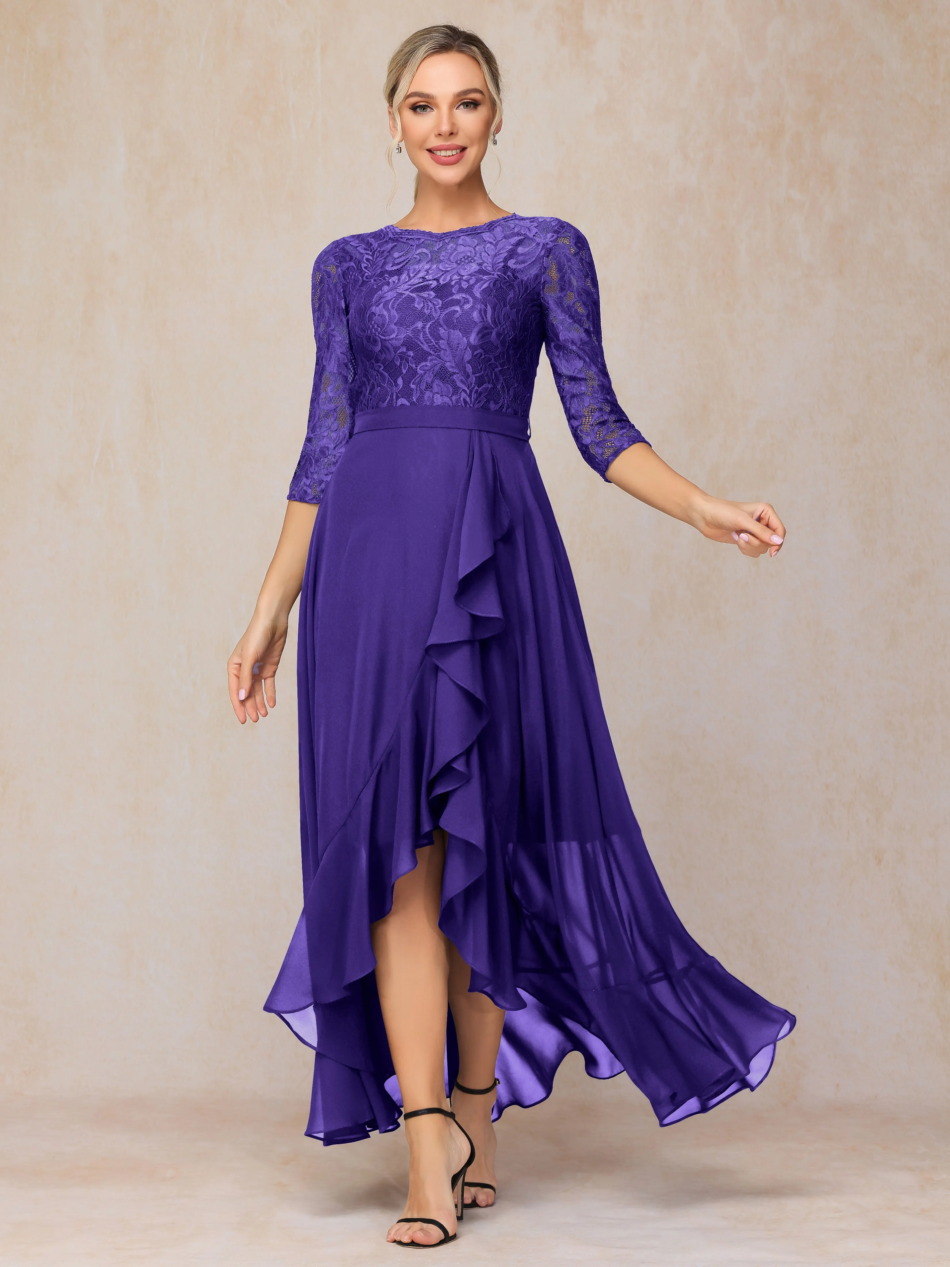 Asymmetrical 3/4 Length Sleeves Ruffles Long Chiffon Mother of the Bride Dresses