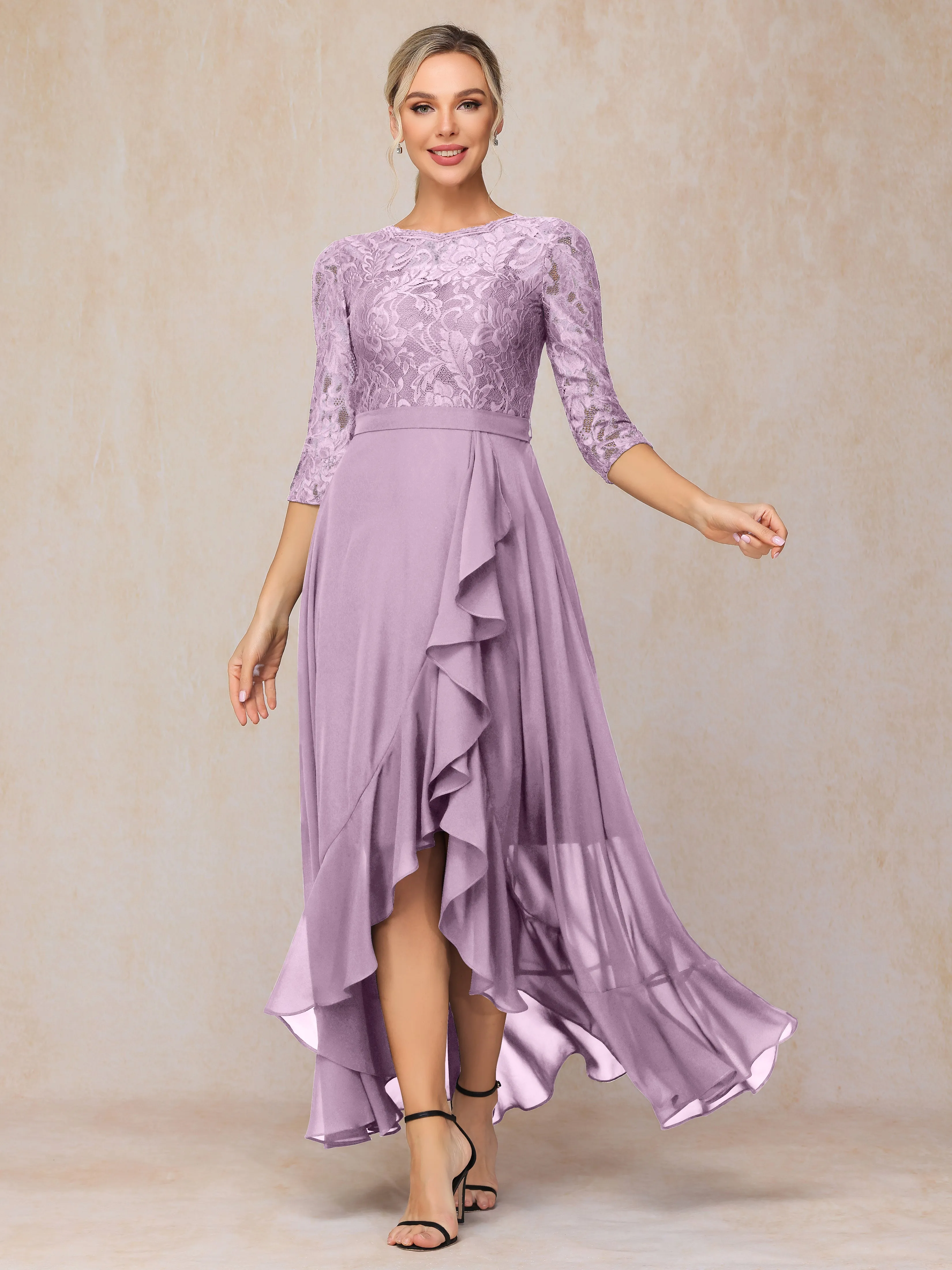 Asymmetrical 3/4 Length Sleeves Ruffles Long Chiffon Mother of the Bride Dresses