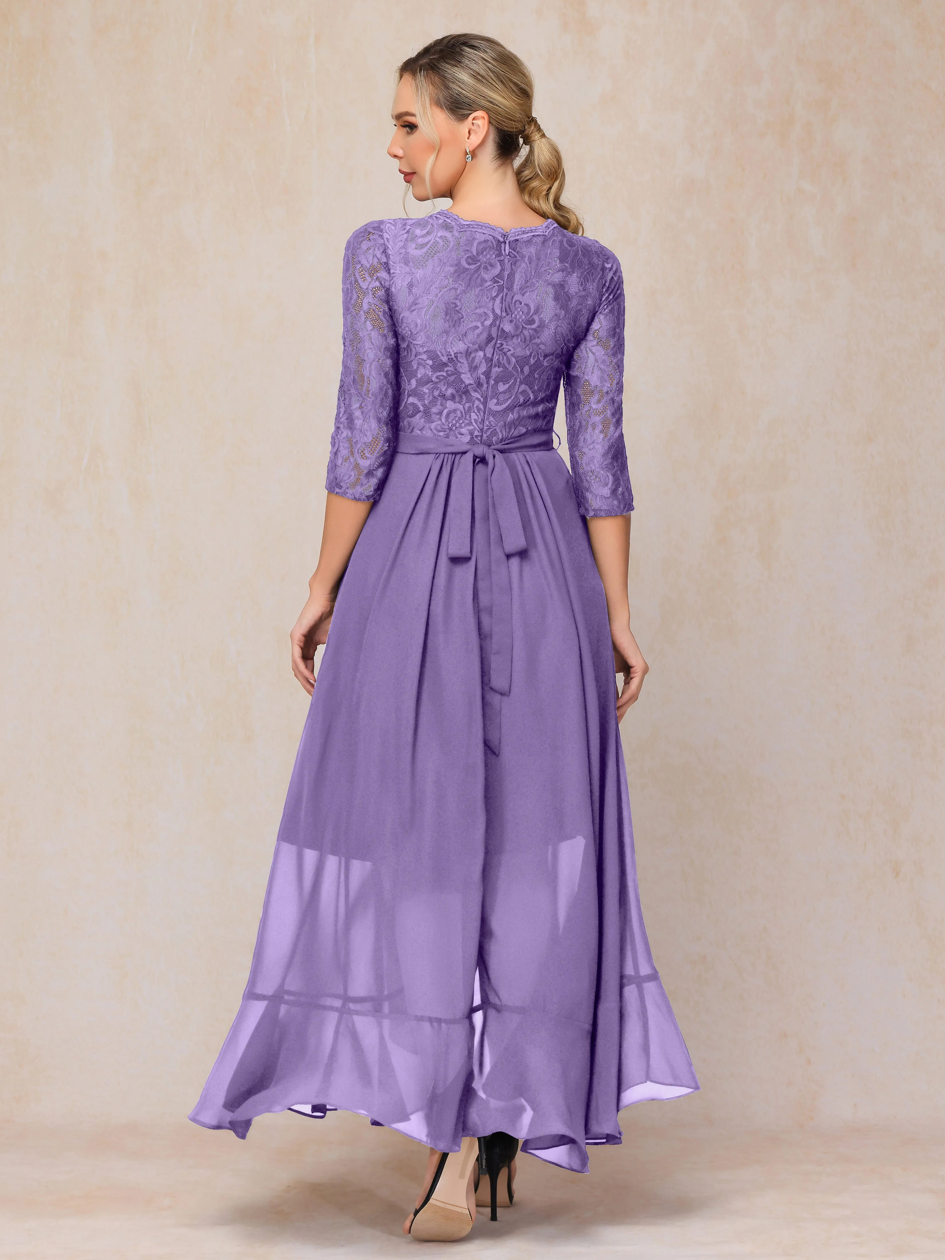 Asymmetrical 3/4 Length Sleeves Ruffles Long Chiffon Mother of the Bride Dresses