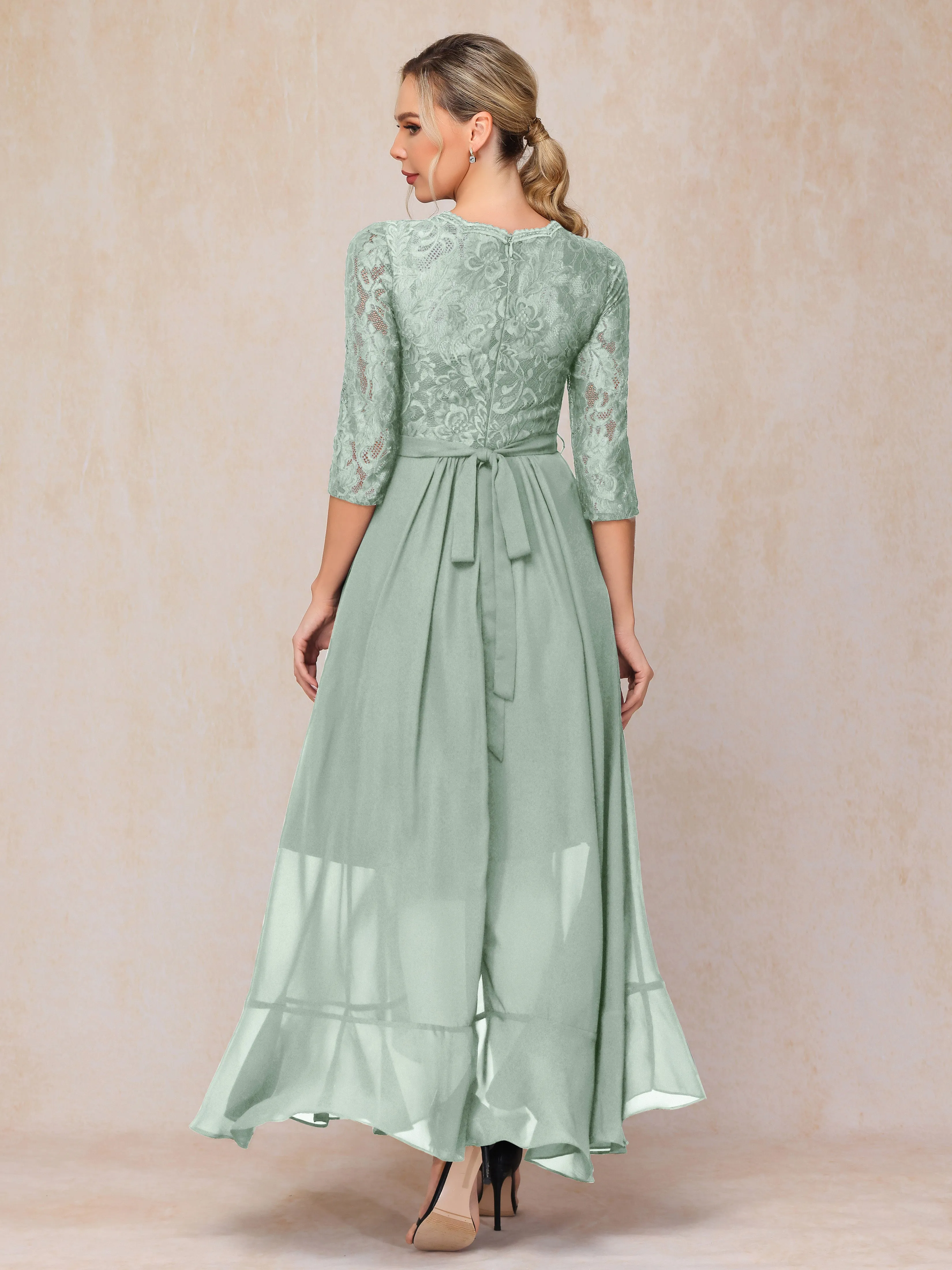 Asymmetrical 3/4 Length Sleeves Ruffles Long Chiffon Mother of the Bride Dresses