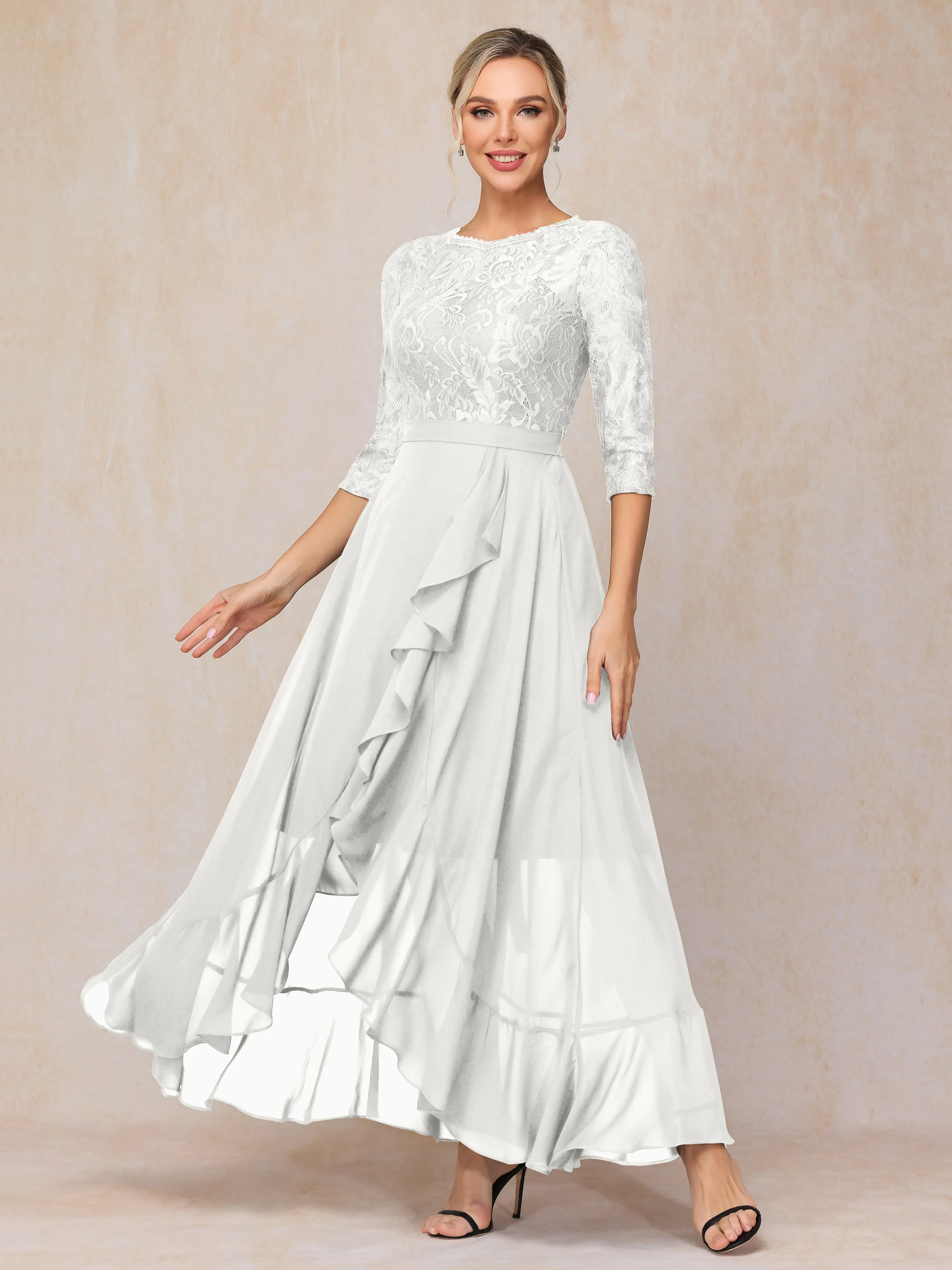 Asymmetrical 3/4 Length Sleeves Ruffles Long Chiffon Mother of the Bride Dresses