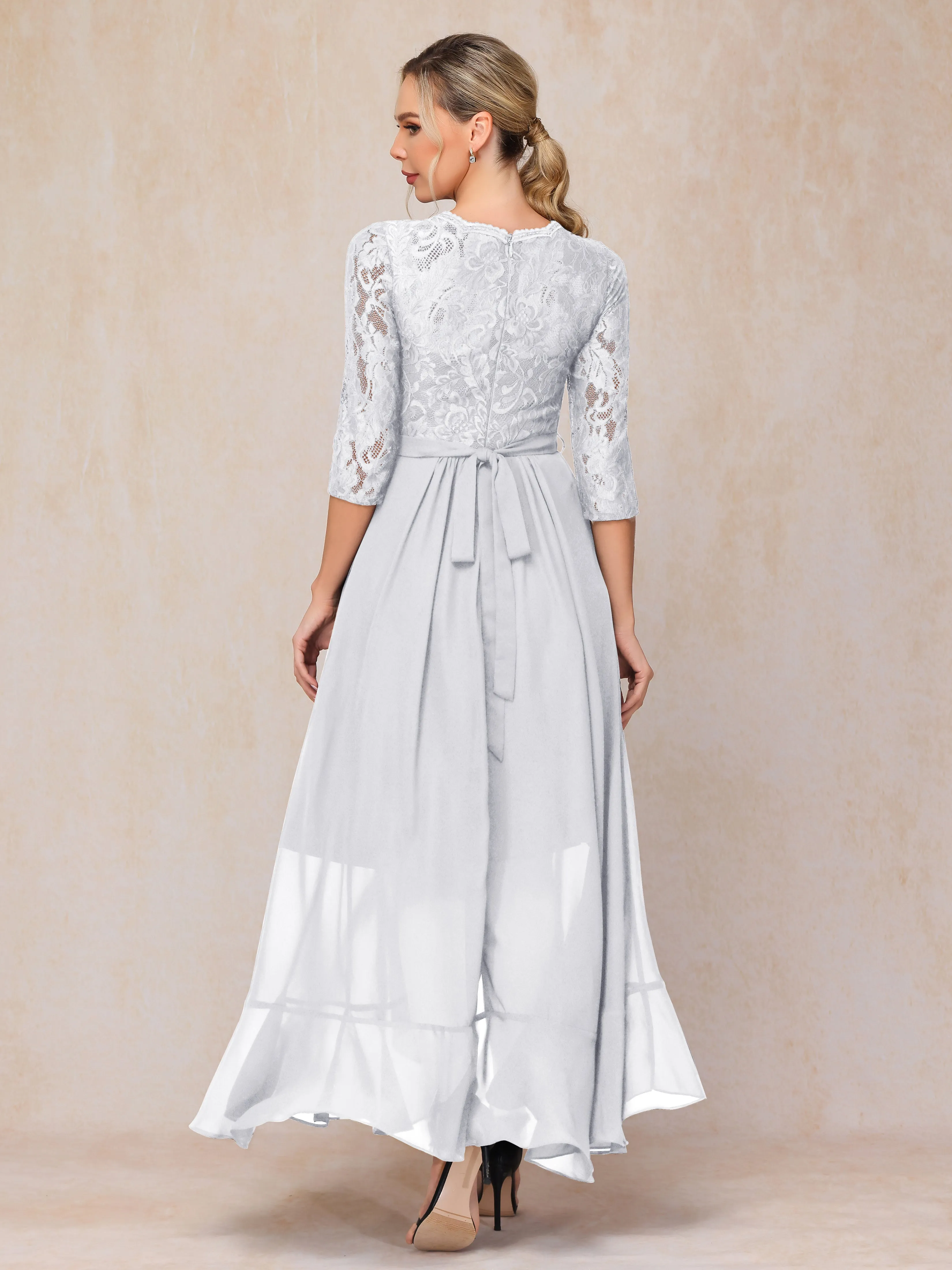 Asymmetrical 3/4 Length Sleeves Ruffles Long Chiffon Mother of the Bride Dresses