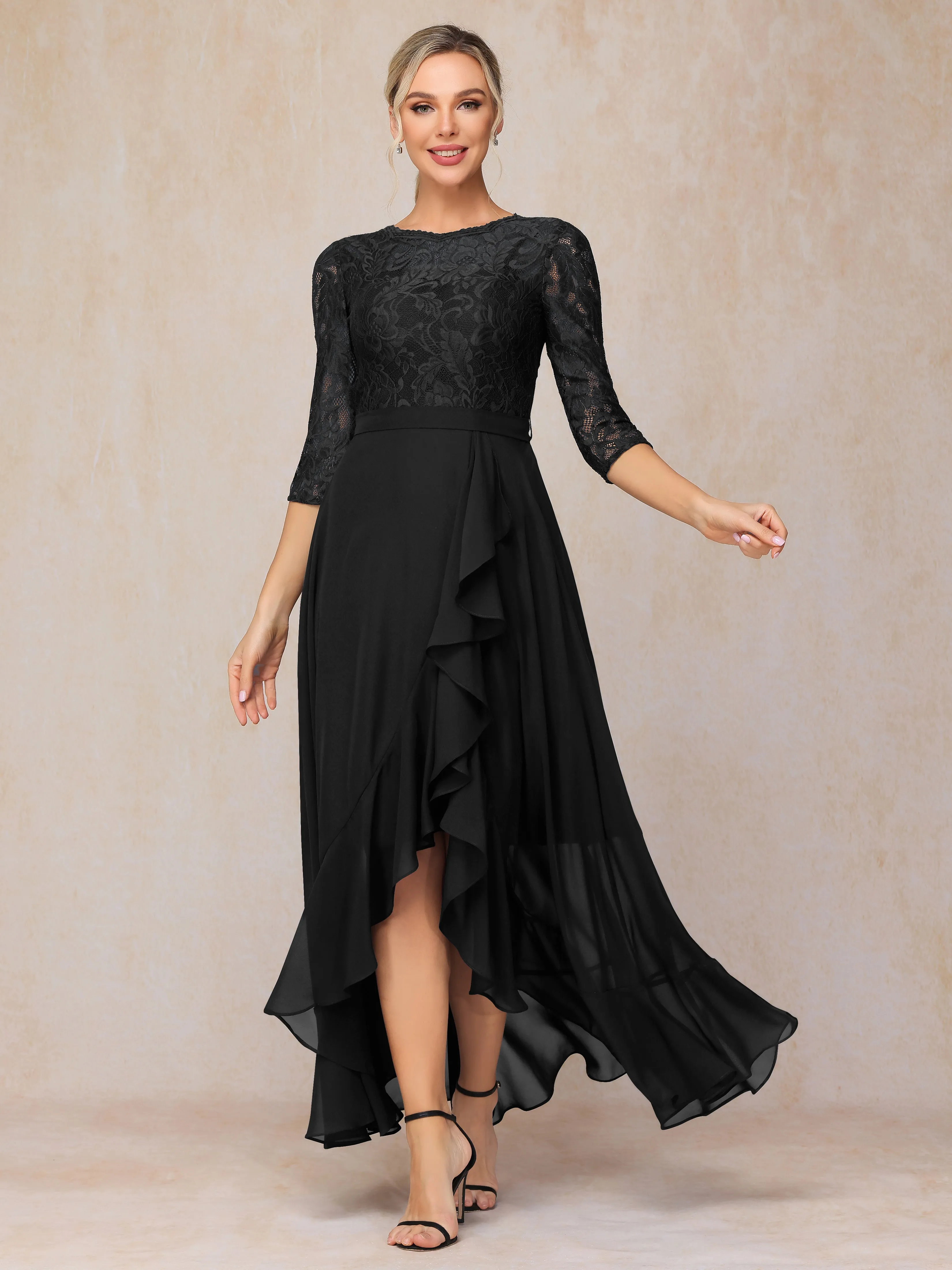 Asymmetrical 3/4 Length Sleeves Ruffles Long Chiffon Mother of the Bride Dresses