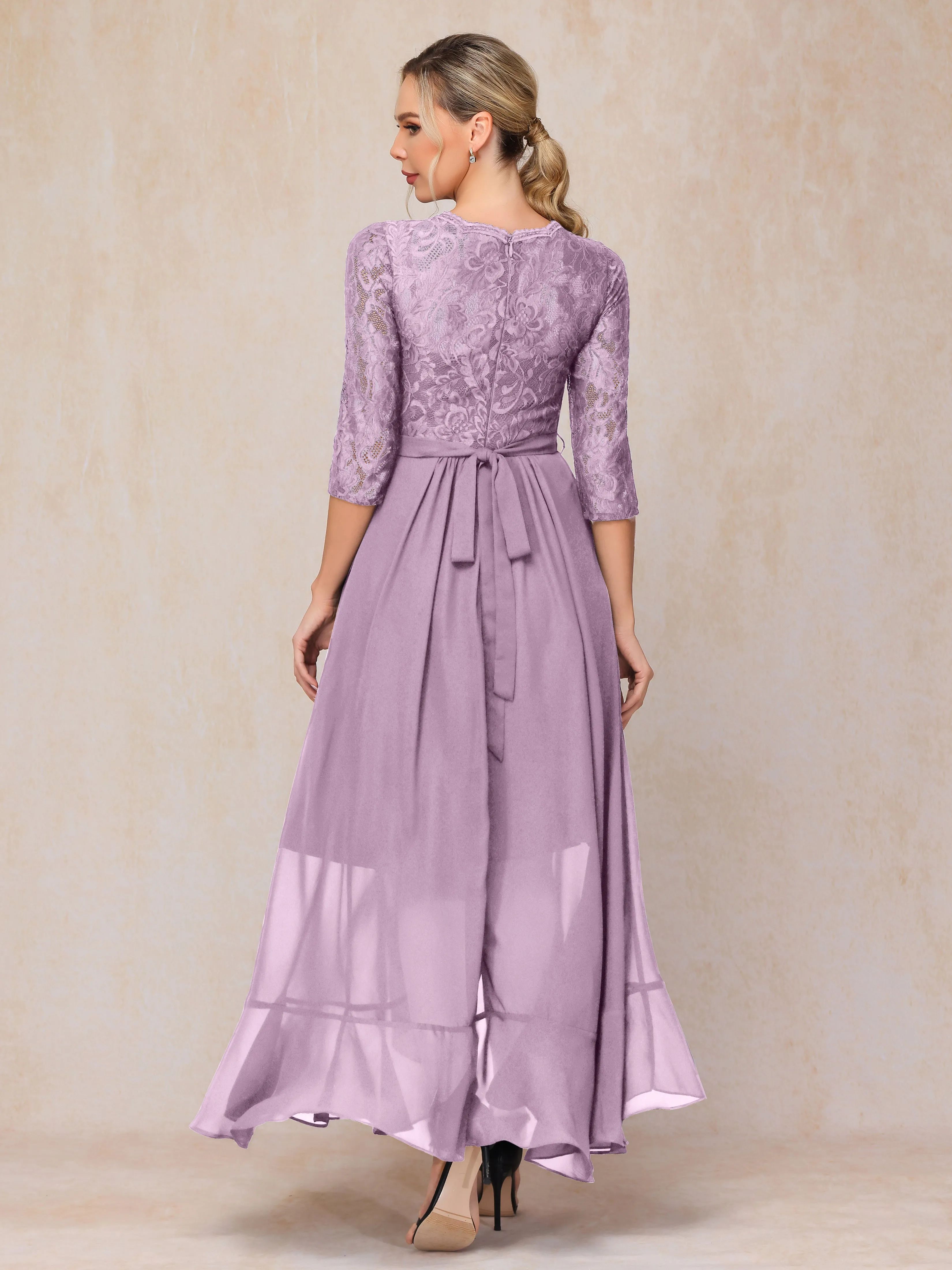 Asymmetrical 3/4 Length Sleeves Ruffles Long Chiffon Mother of the Bride Dresses