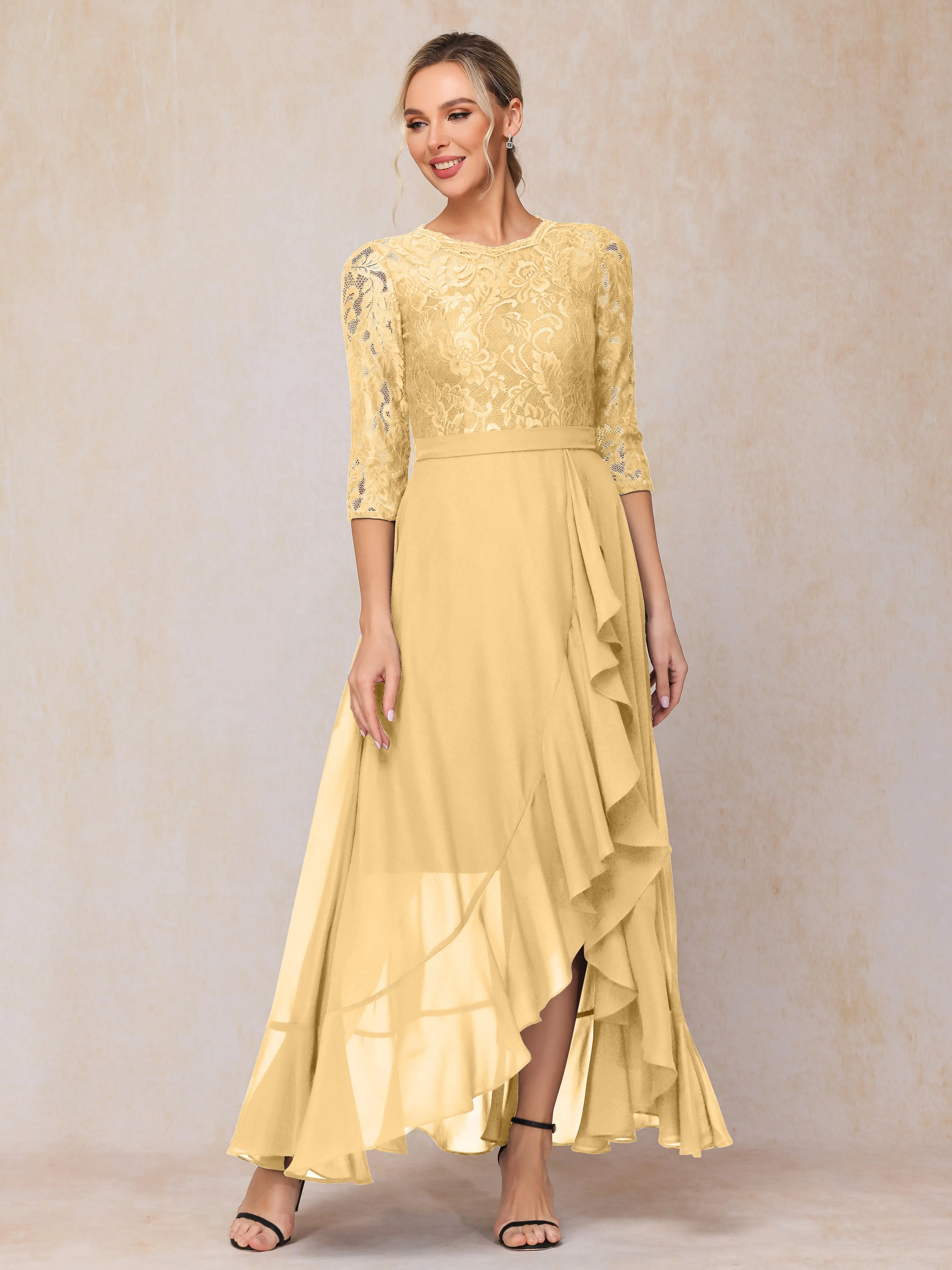 Asymmetrical 3/4 Length Sleeves Ruffles Long Chiffon Mother of the Bride Dresses