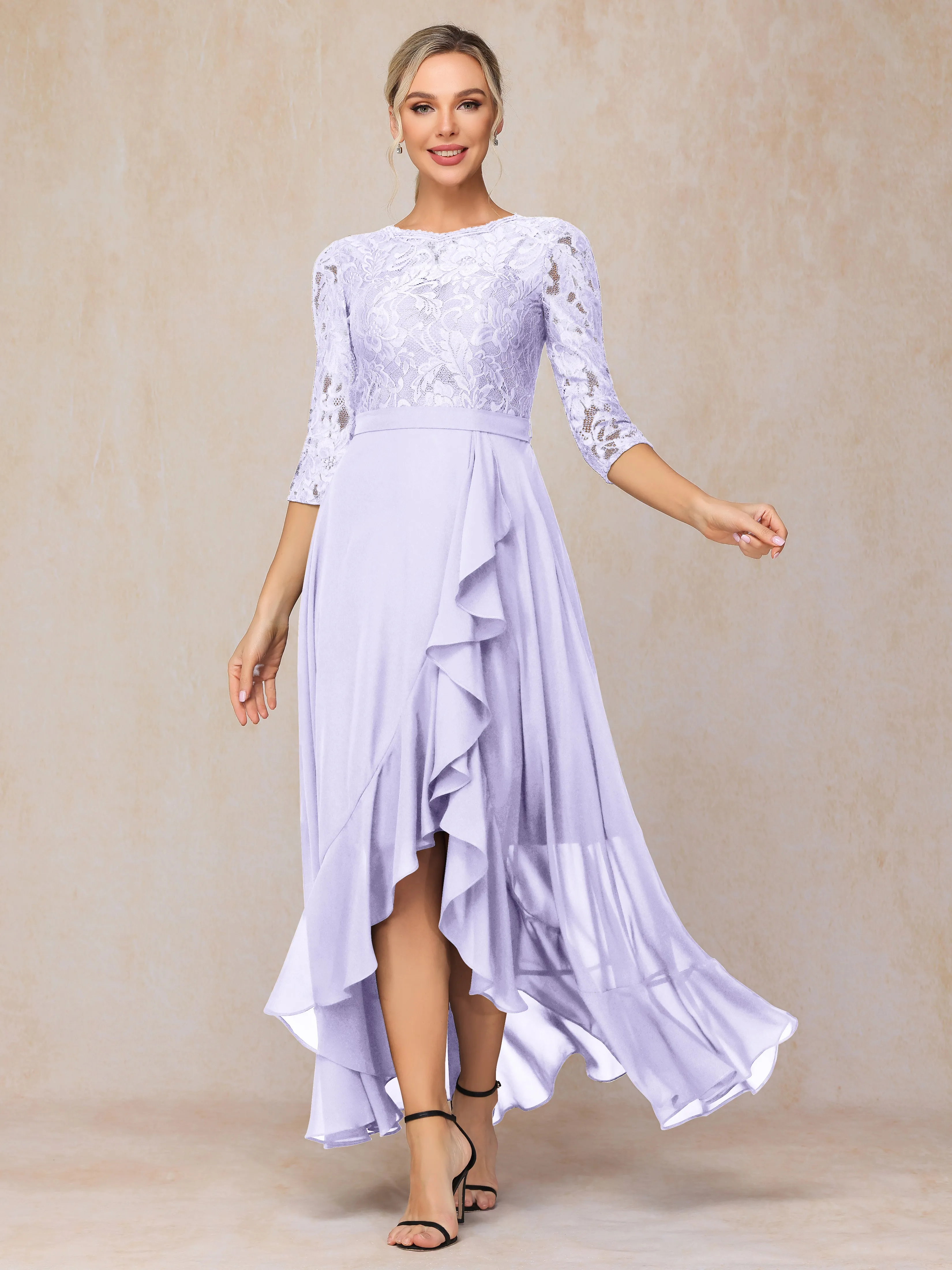 Asymmetrical 3/4 Length Sleeves Ruffles Long Chiffon Mother of the Bride Dresses