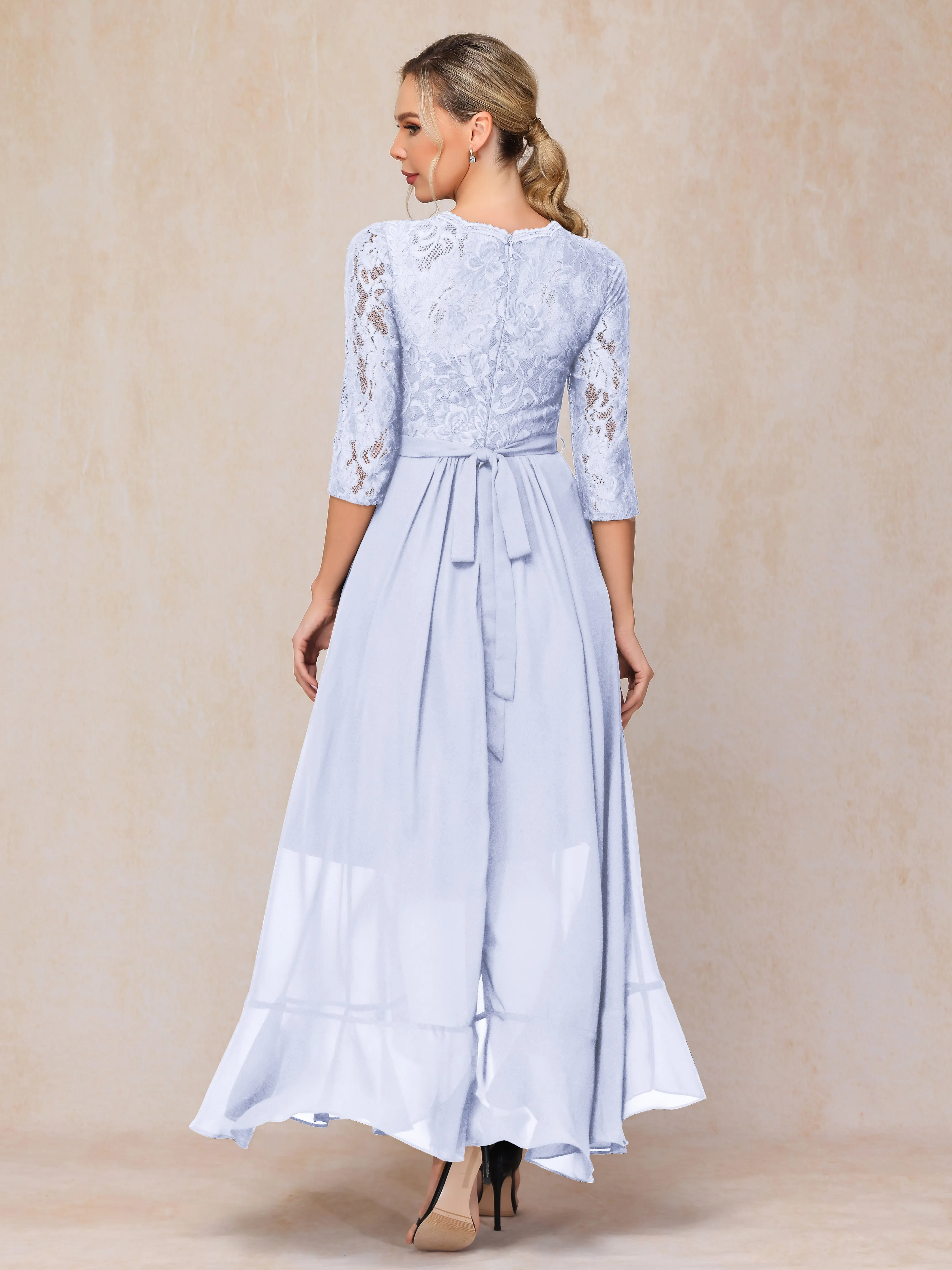 Asymmetrical 3/4 Length Sleeves Ruffles Long Chiffon Mother of the Bride Dresses