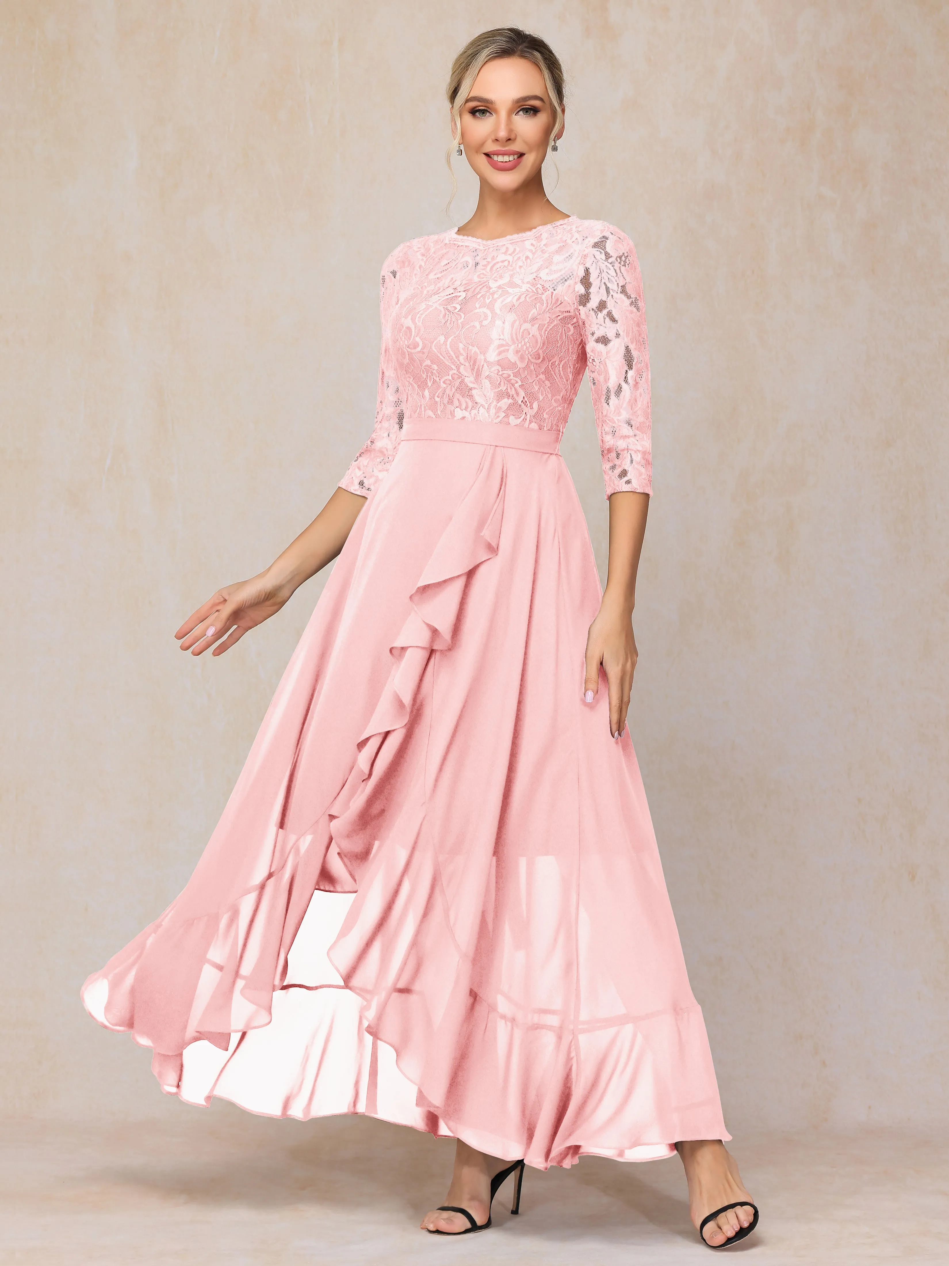 Asymmetrical 3/4 Length Sleeves Ruffles Long Chiffon Mother of the Bride Dresses