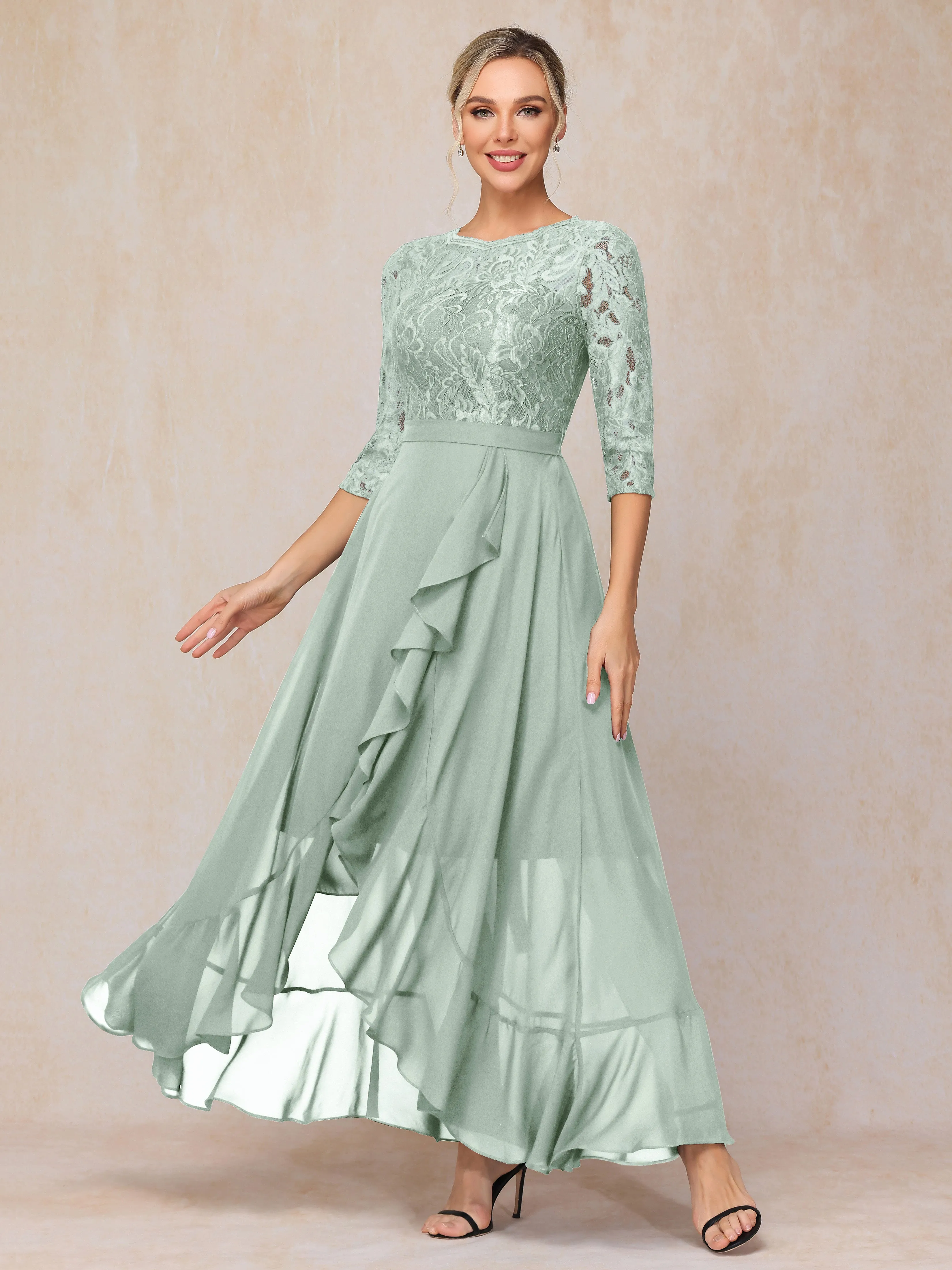 Asymmetrical 3/4 Length Sleeves Ruffles Long Chiffon Mother of the Bride Dresses