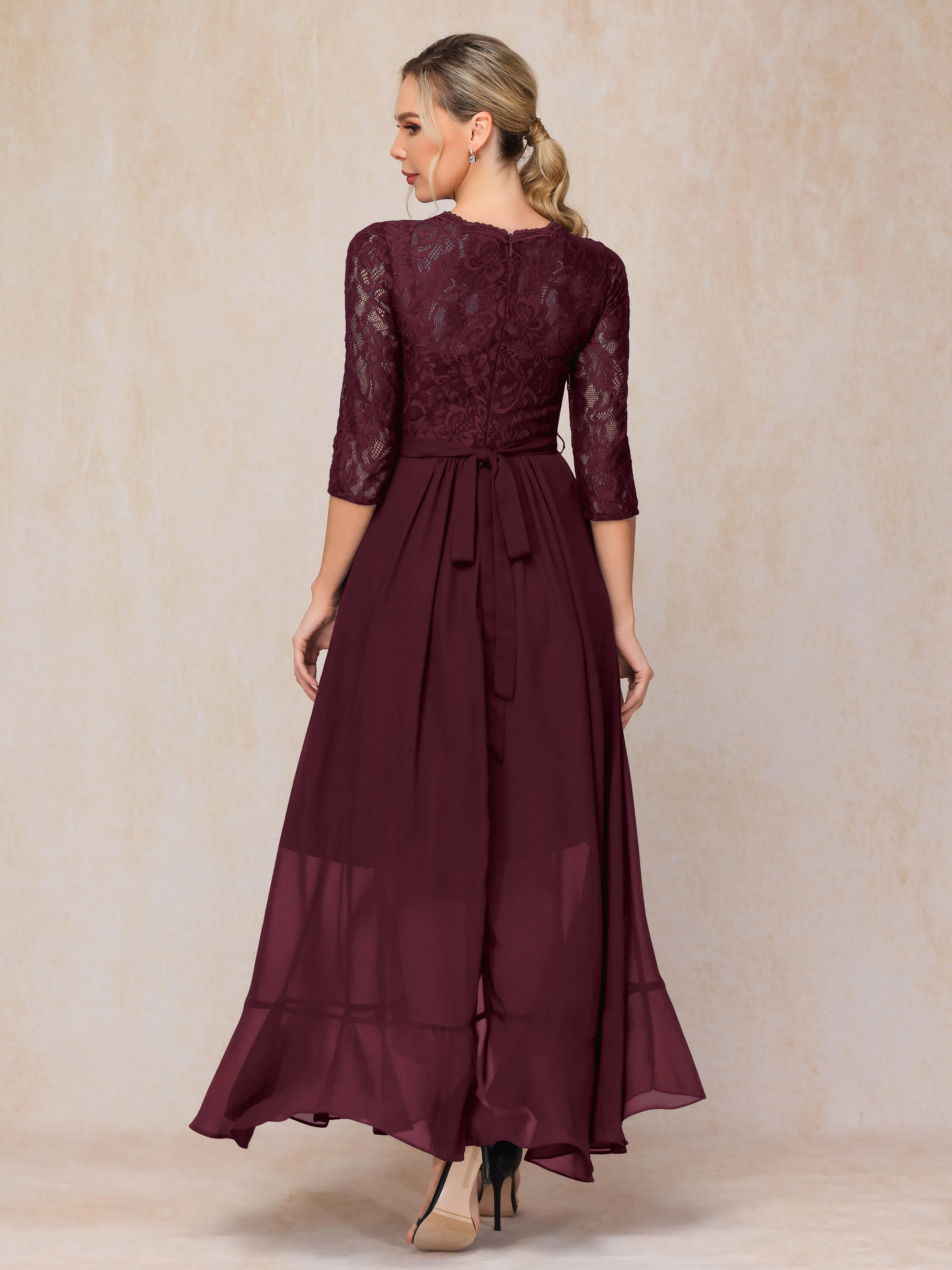 Asymmetrical 3/4 Length Sleeves Ruffles Long Chiffon Mother of the Bride Dresses