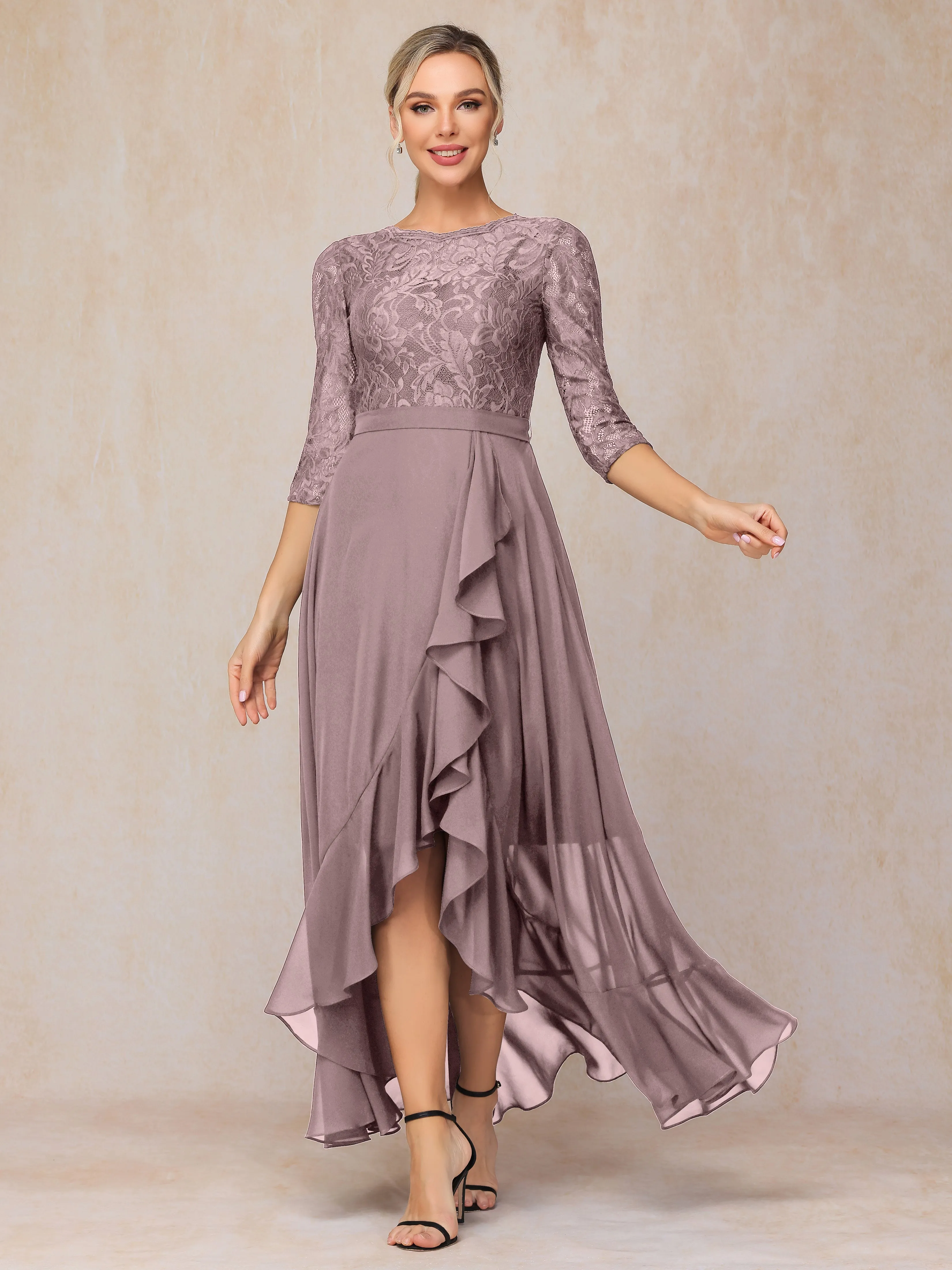 Asymmetrical 3/4 Length Sleeves Ruffles Long Chiffon Mother of the Bride Dresses