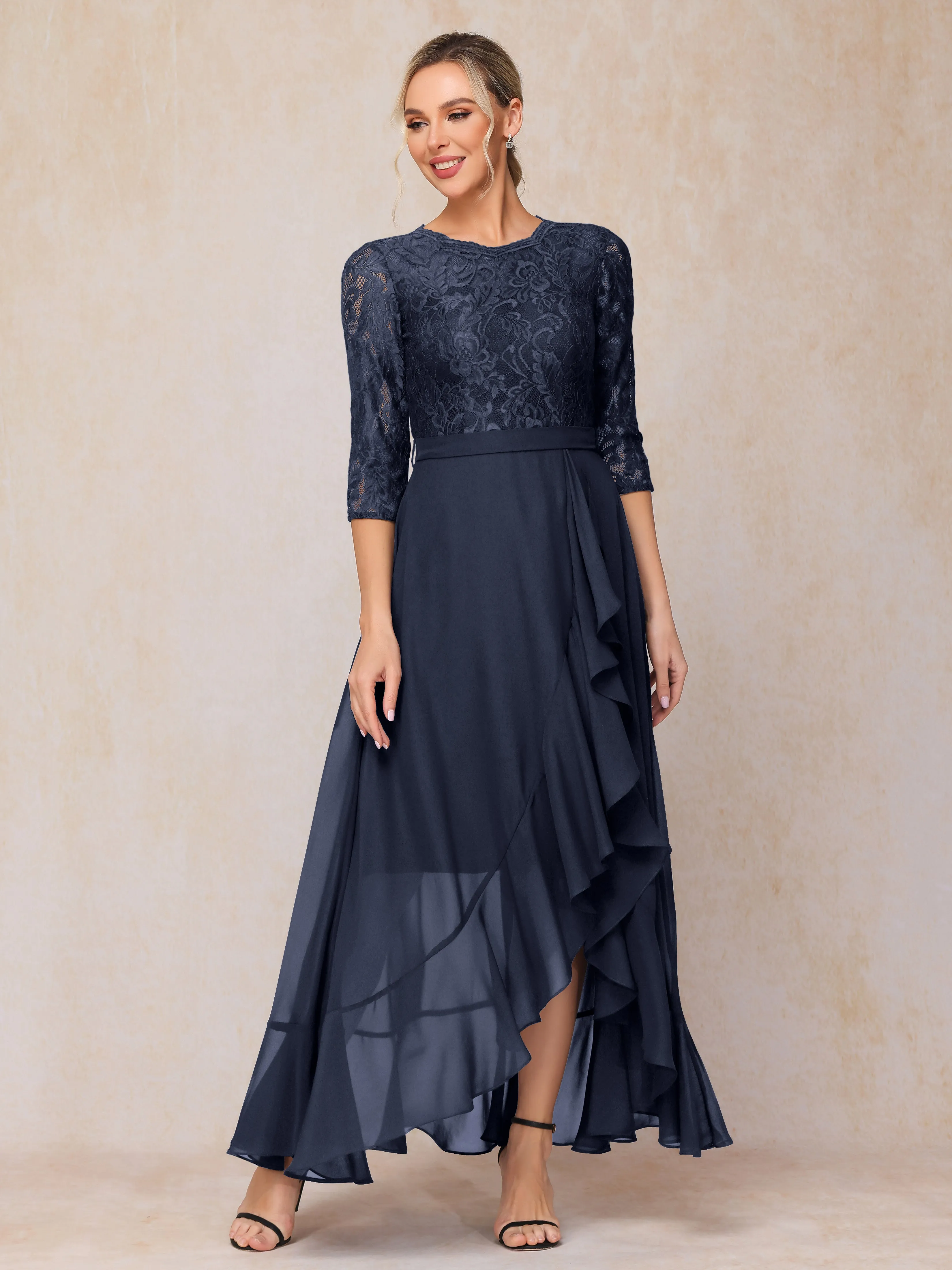 Asymmetrical 3/4 Length Sleeves Ruffles Long Chiffon Mother of the Bride Dresses