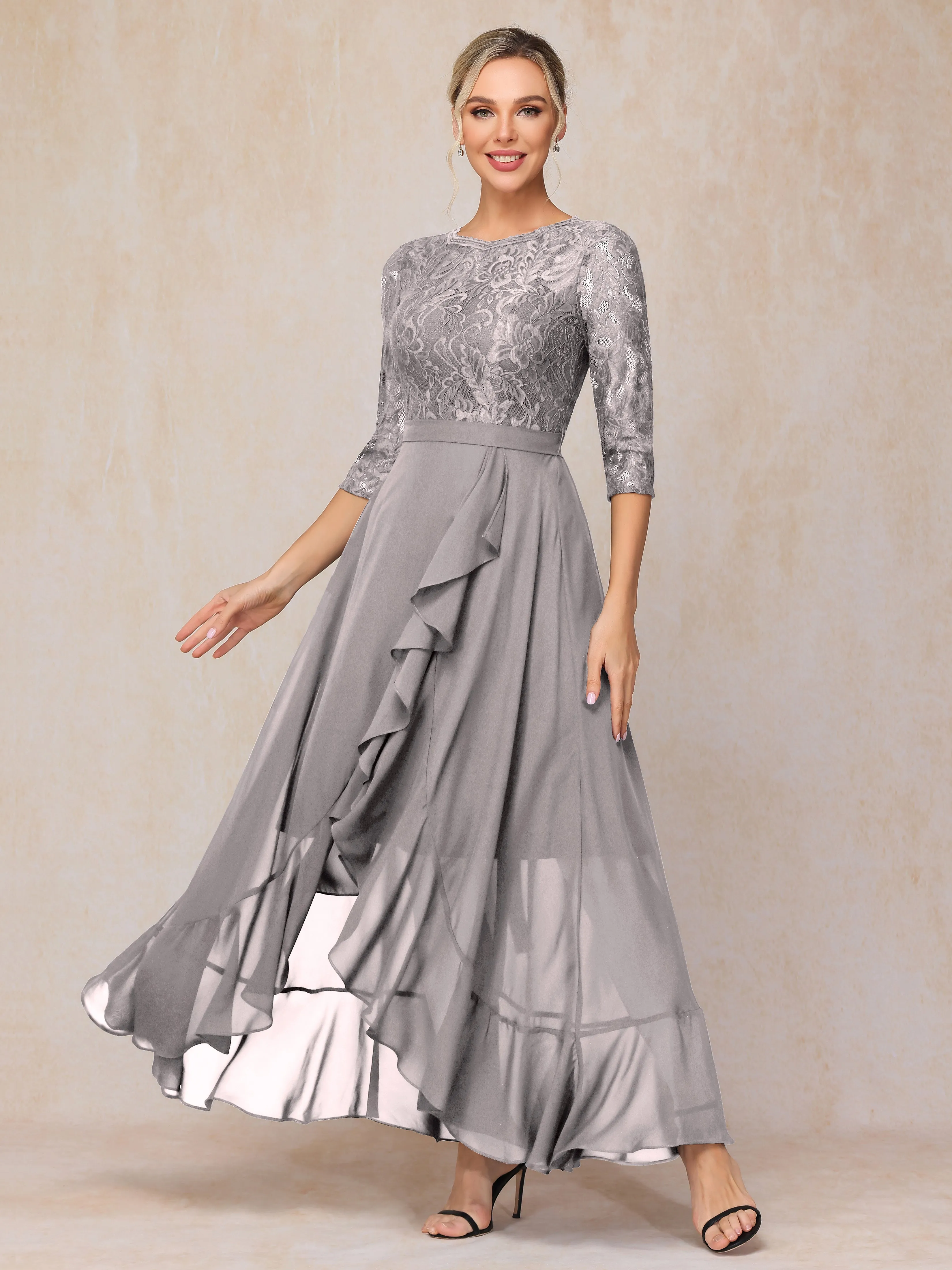 Asymmetrical 3/4 Length Sleeves Ruffles Long Chiffon Mother of the Bride Dresses