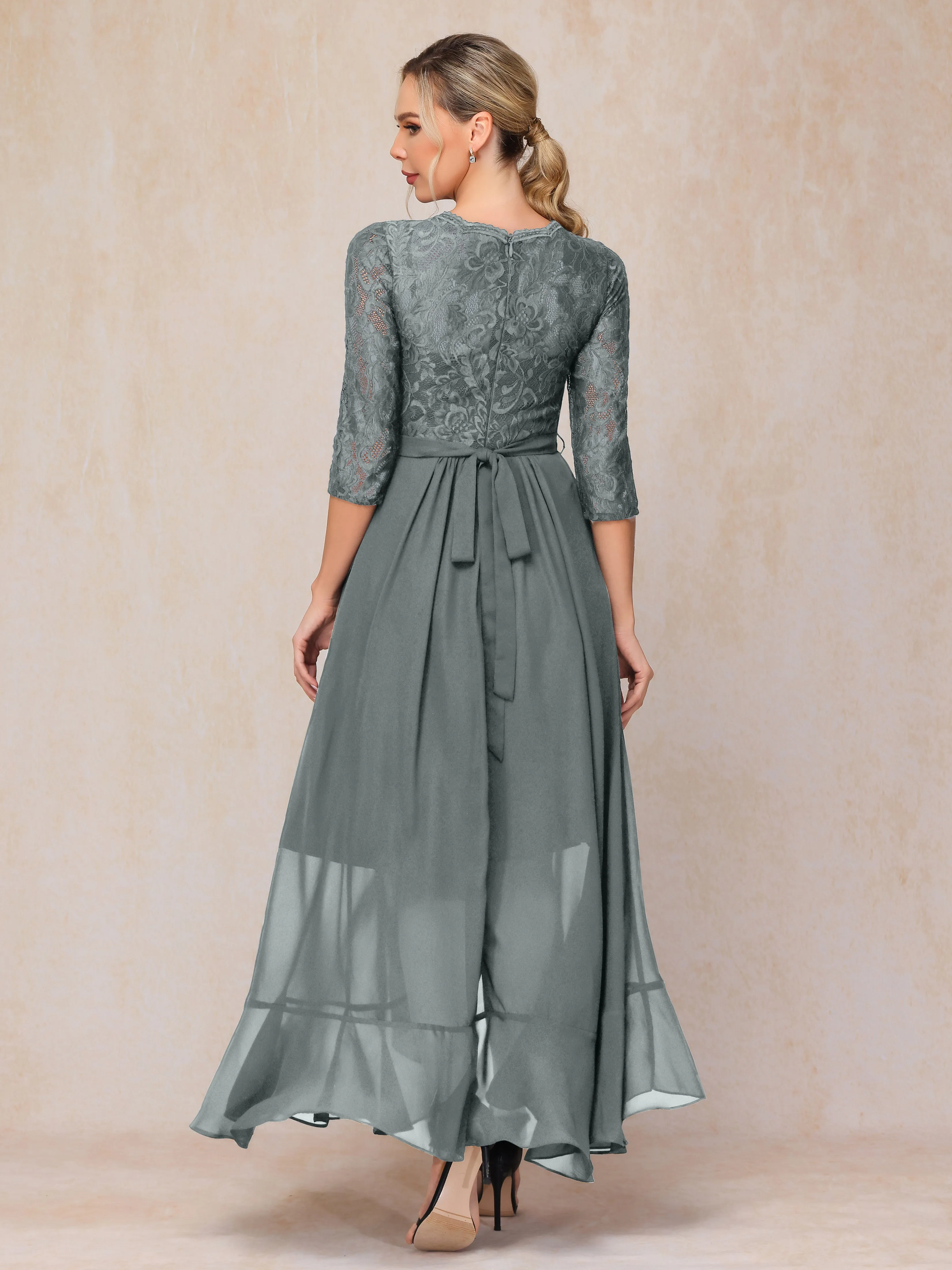 Asymmetrical 3/4 Length Sleeves Ruffles Long Chiffon Mother of the Bride Dresses