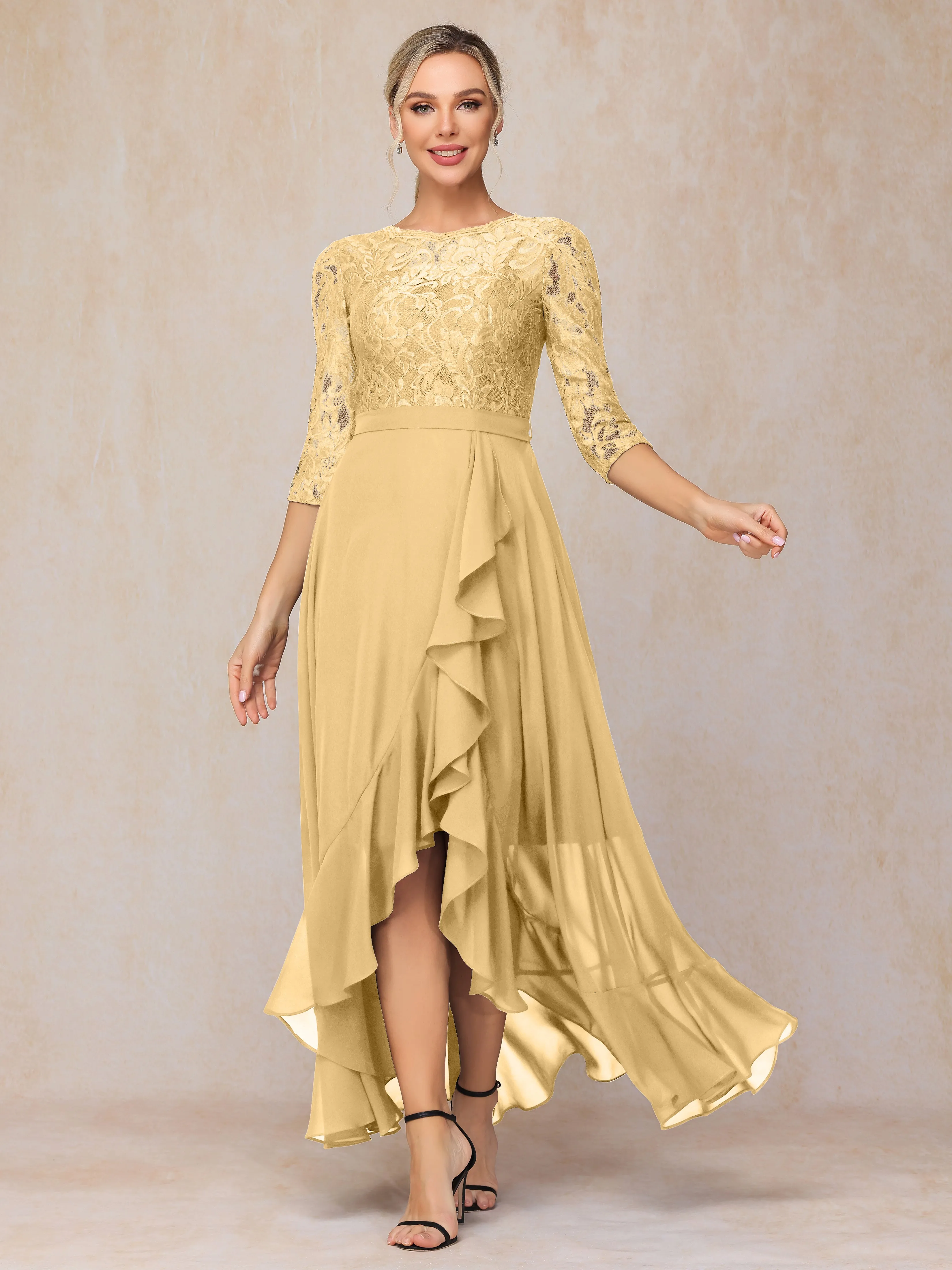 Asymmetrical 3/4 Length Sleeves Ruffles Long Chiffon Mother of the Bride Dresses