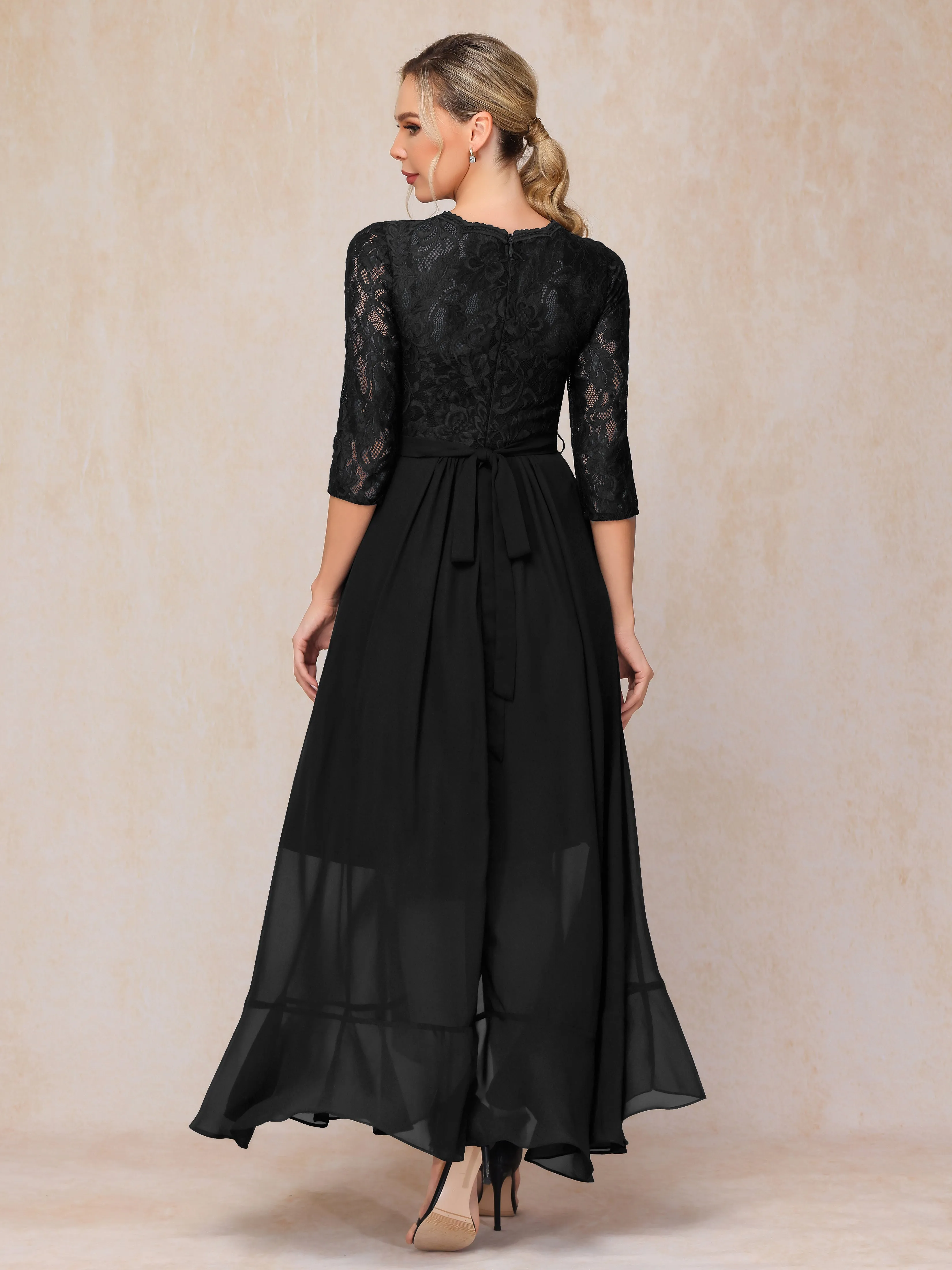 Asymmetrical 3/4 Length Sleeves Ruffles Long Chiffon Mother of the Bride Dresses