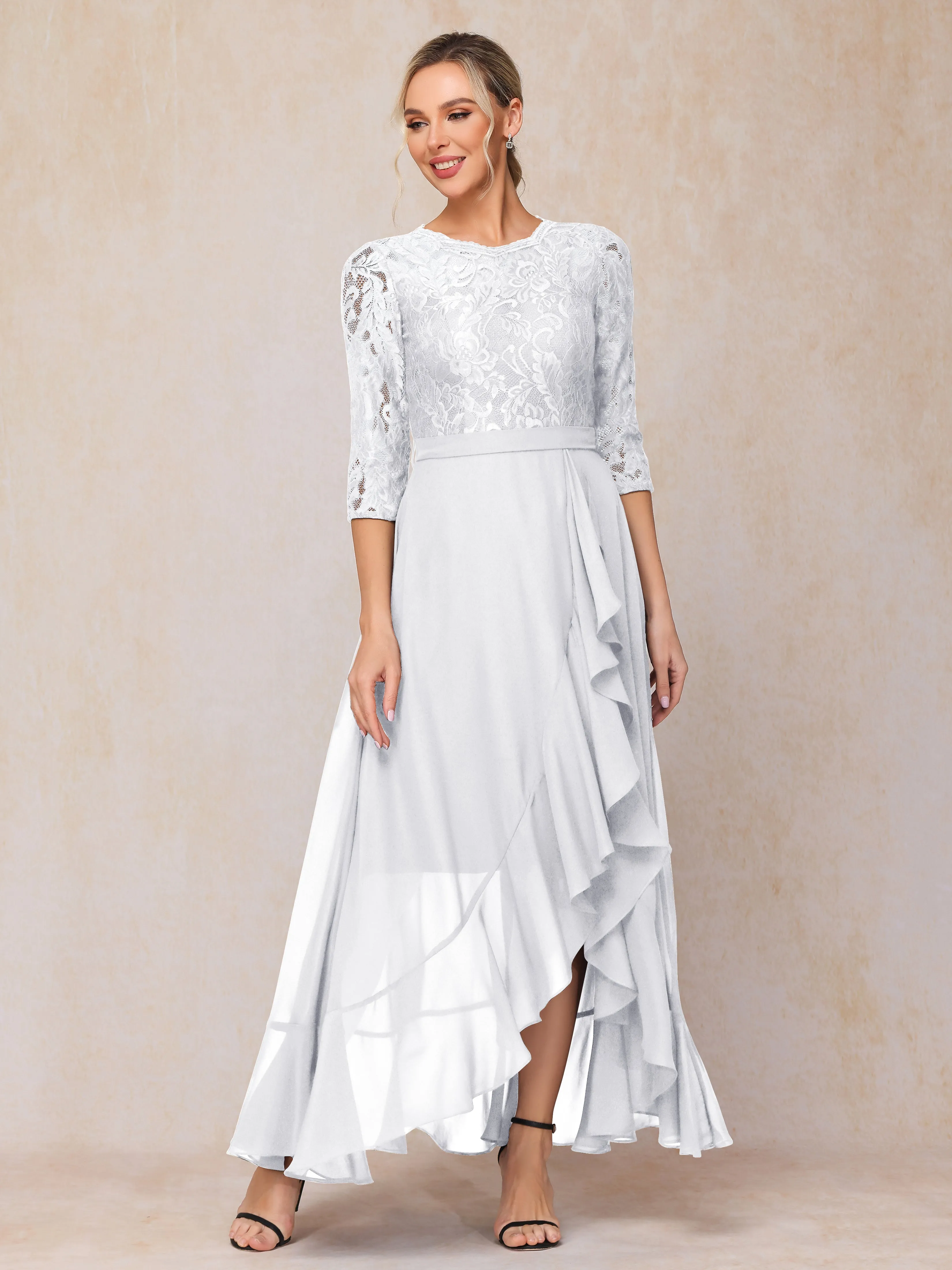 Asymmetrical 3/4 Length Sleeves Ruffles Long Chiffon Mother of the Bride Dresses