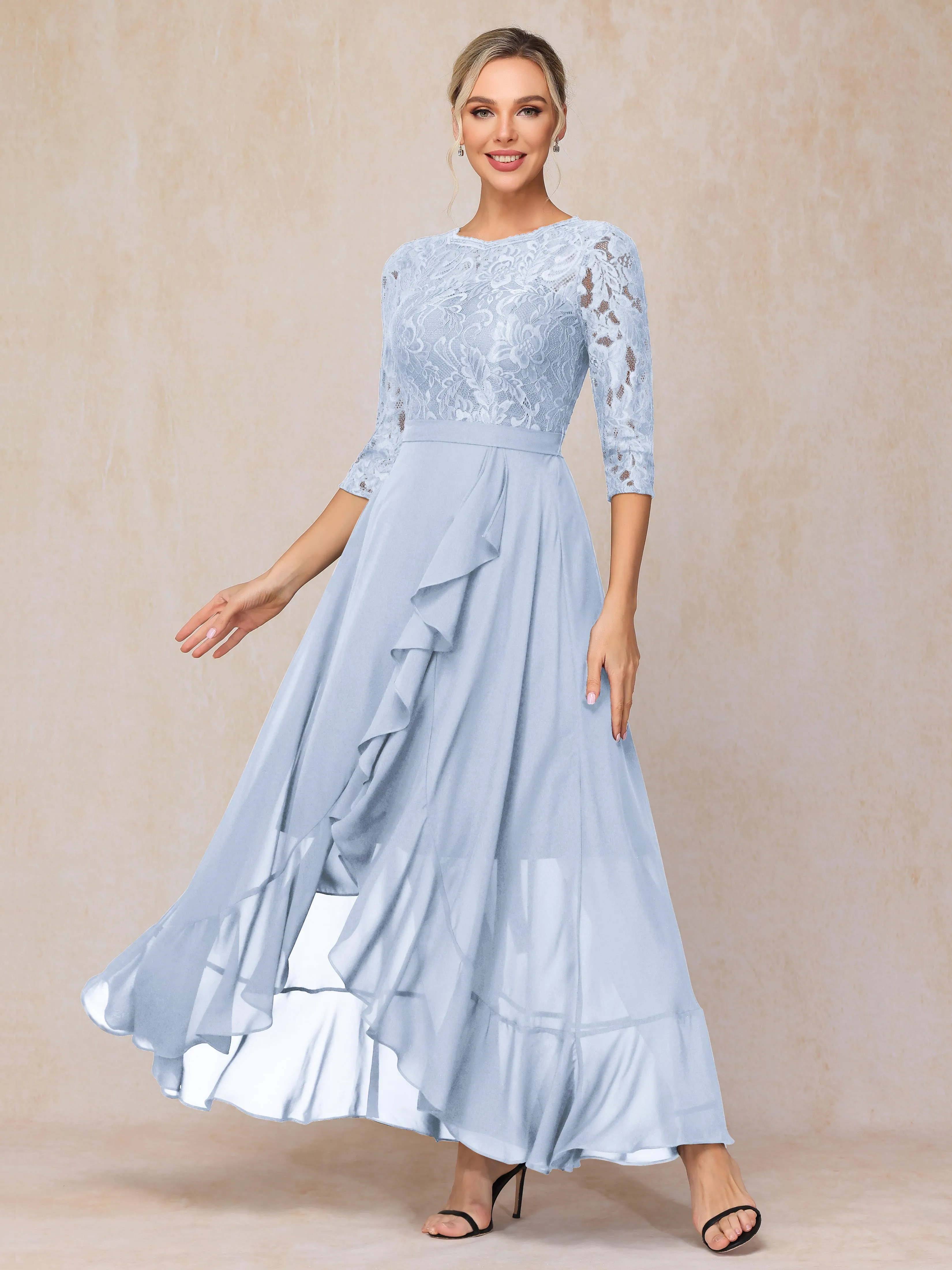 Asymmetrical 3/4 Length Sleeves Ruffles Long Chiffon Mother of the Bride Dresses