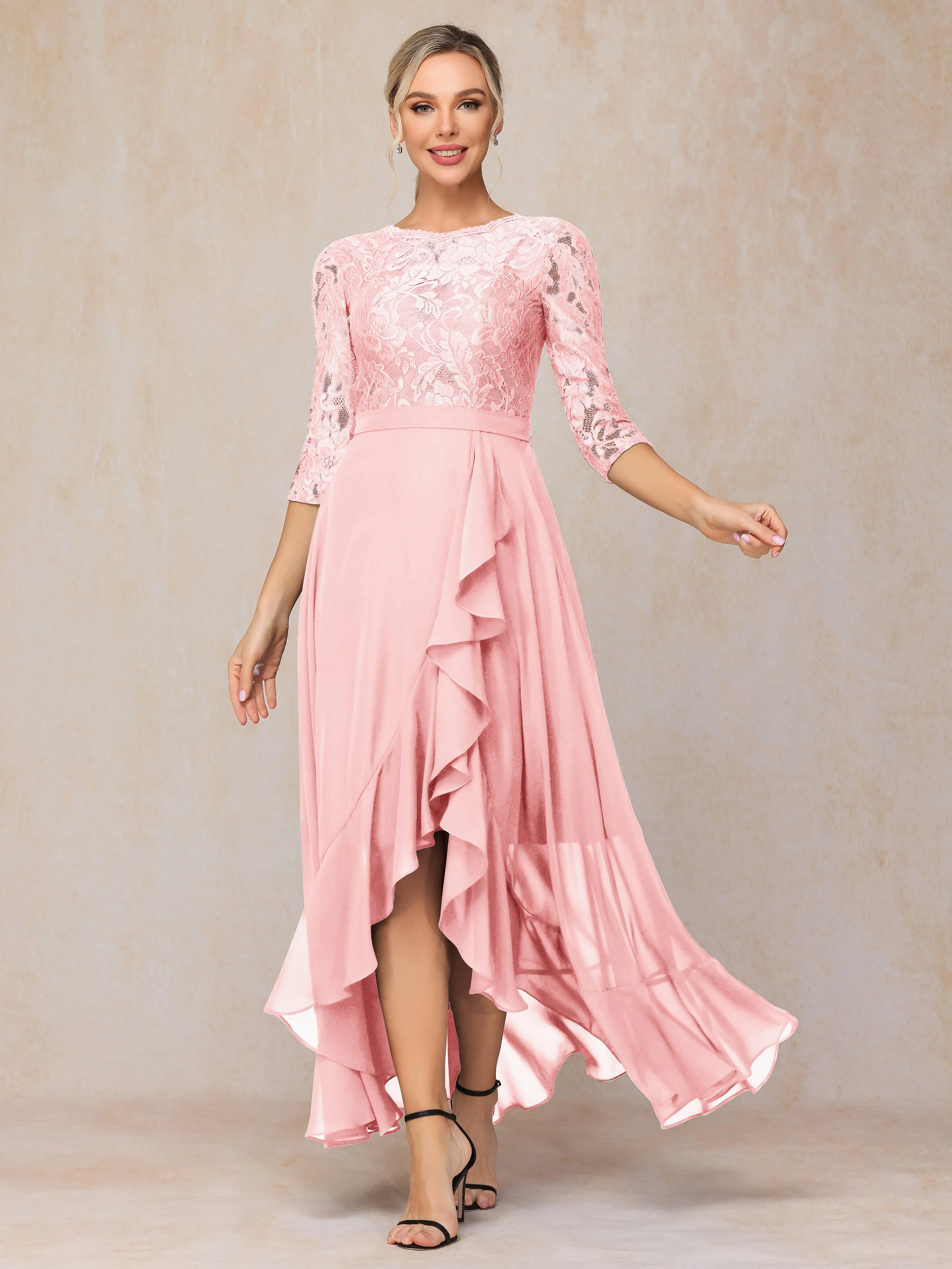 Asymmetrical 3/4 Length Sleeves Ruffles Long Chiffon Mother of the Bride Dresses