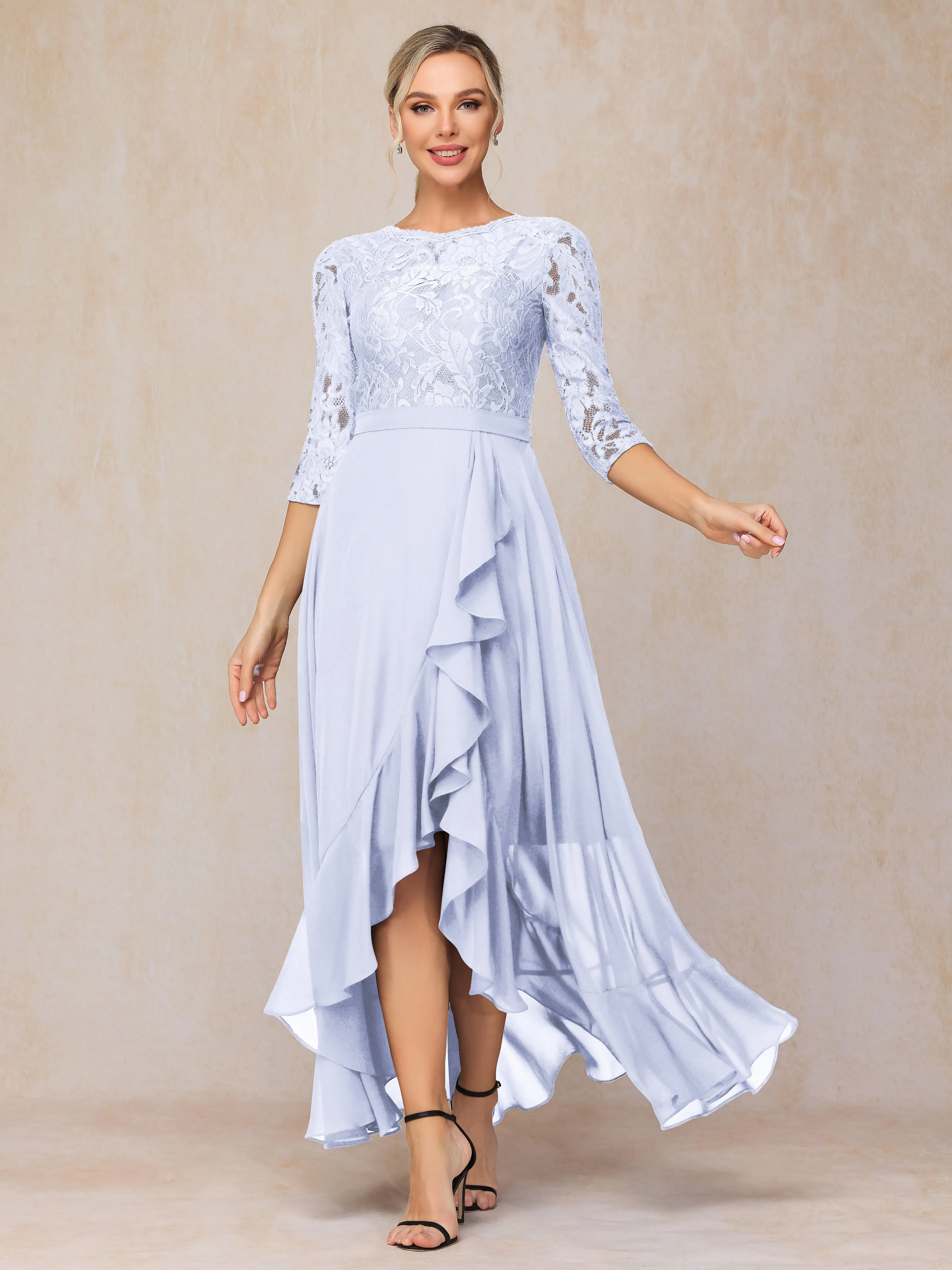 Asymmetrical 3/4 Length Sleeves Ruffles Long Chiffon Mother of the Bride Dresses