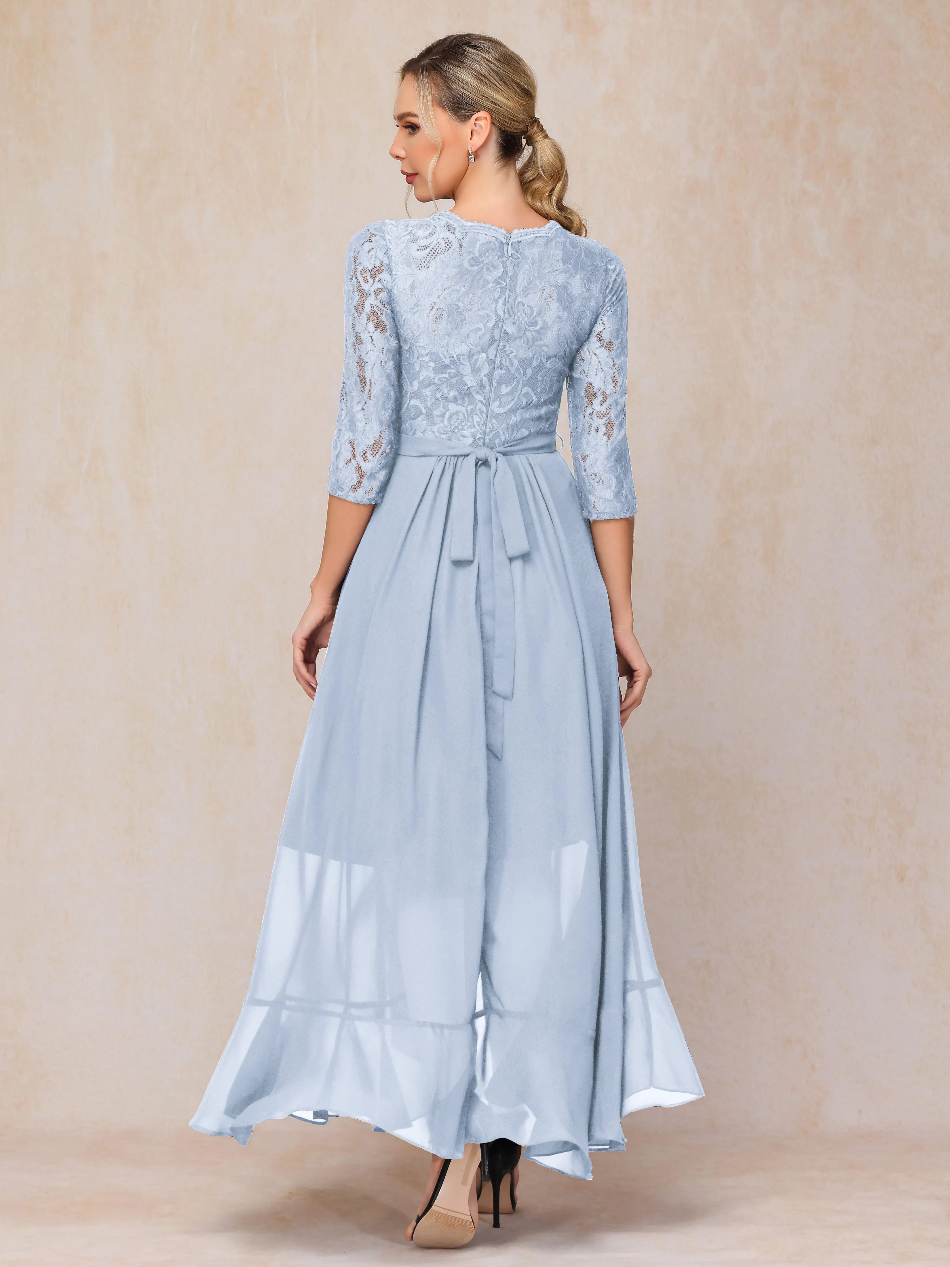 Asymmetrical 3/4 Length Sleeves Ruffles Long Chiffon Mother of the Bride Dresses