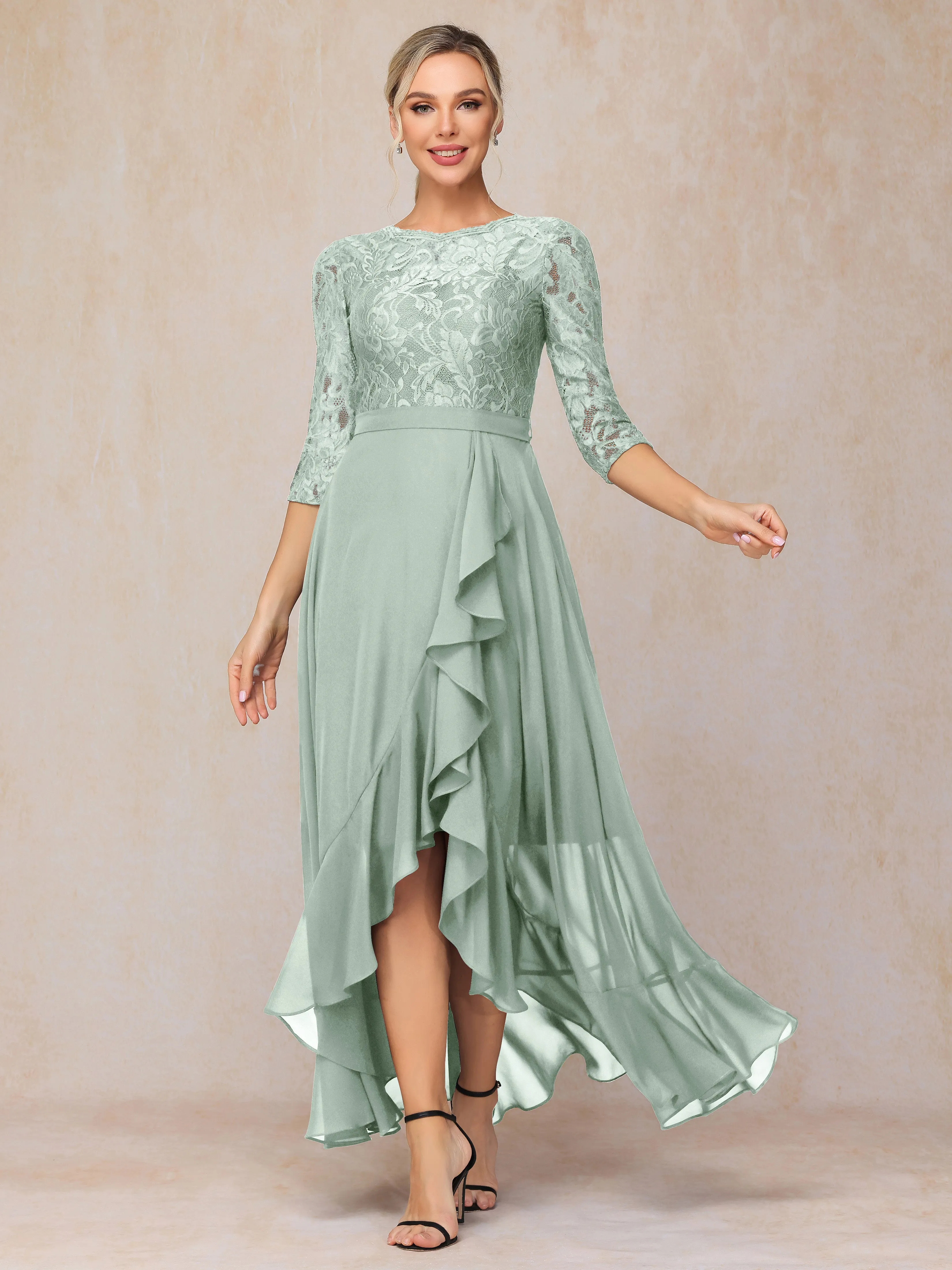 Asymmetrical 3/4 Length Sleeves Ruffles Long Chiffon Mother of the Bride Dresses