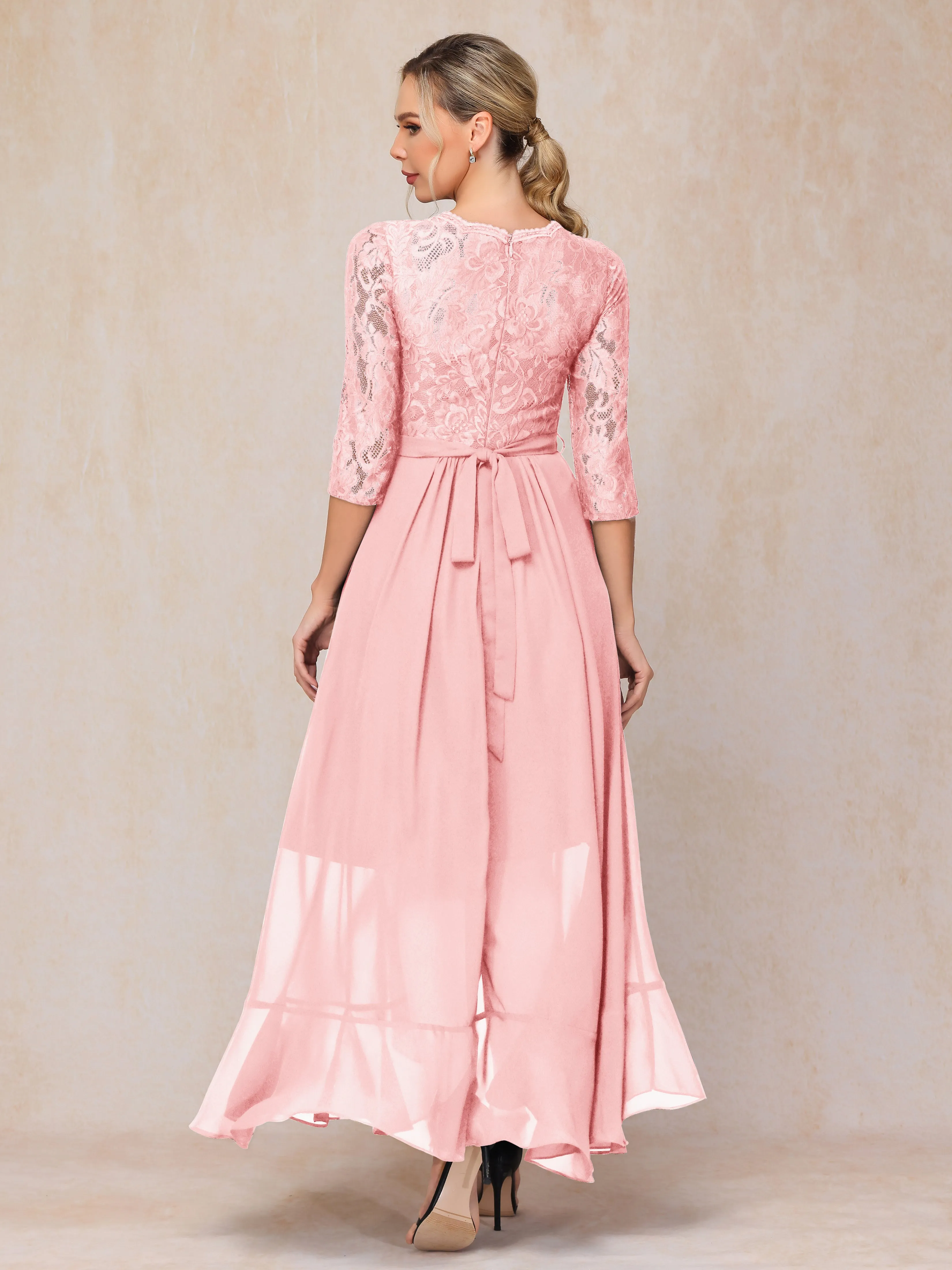 Asymmetrical 3/4 Length Sleeves Ruffles Long Chiffon Mother of the Bride Dresses