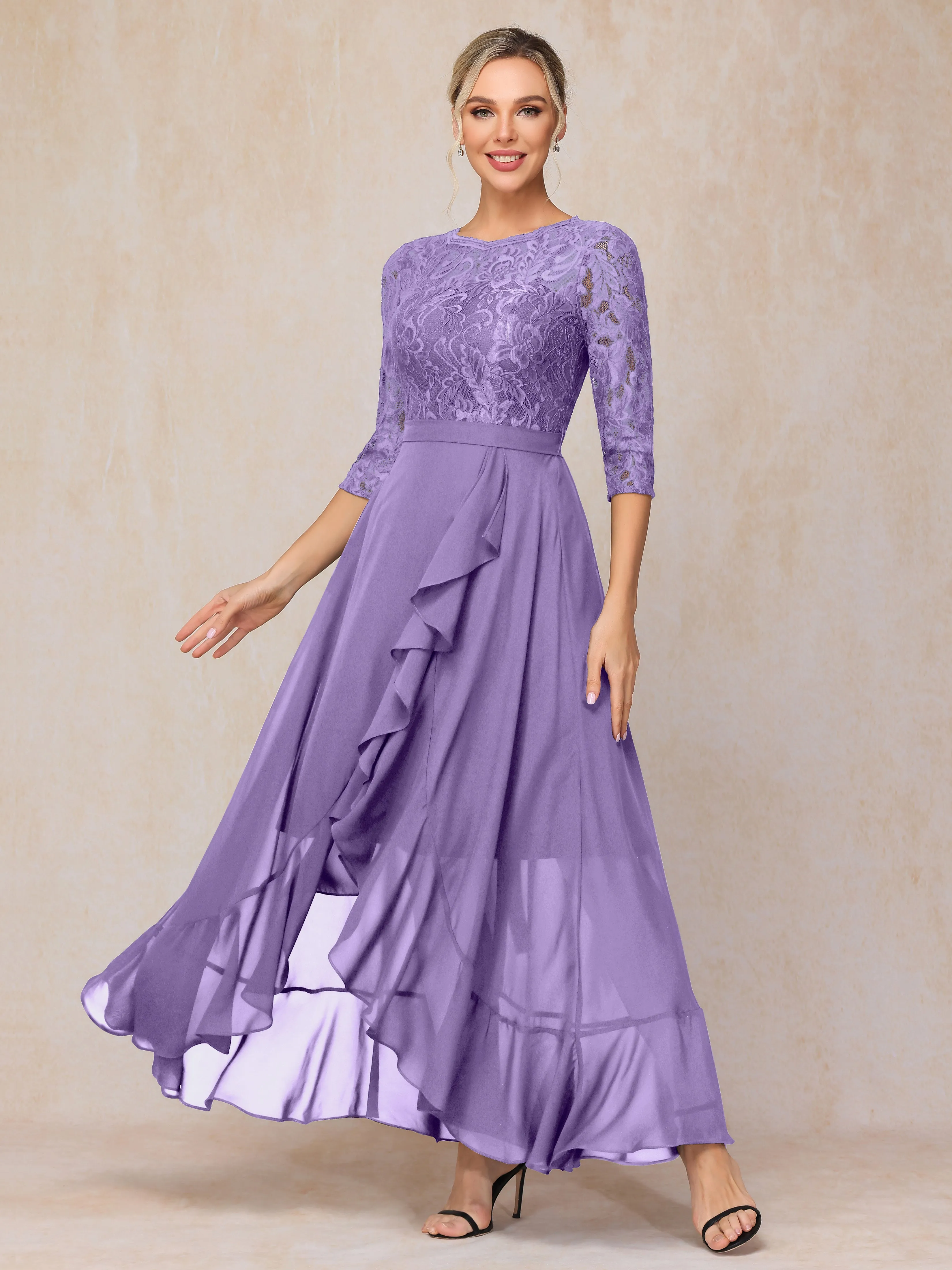 Asymmetrical 3/4 Length Sleeves Ruffles Long Chiffon Mother of the Bride Dresses