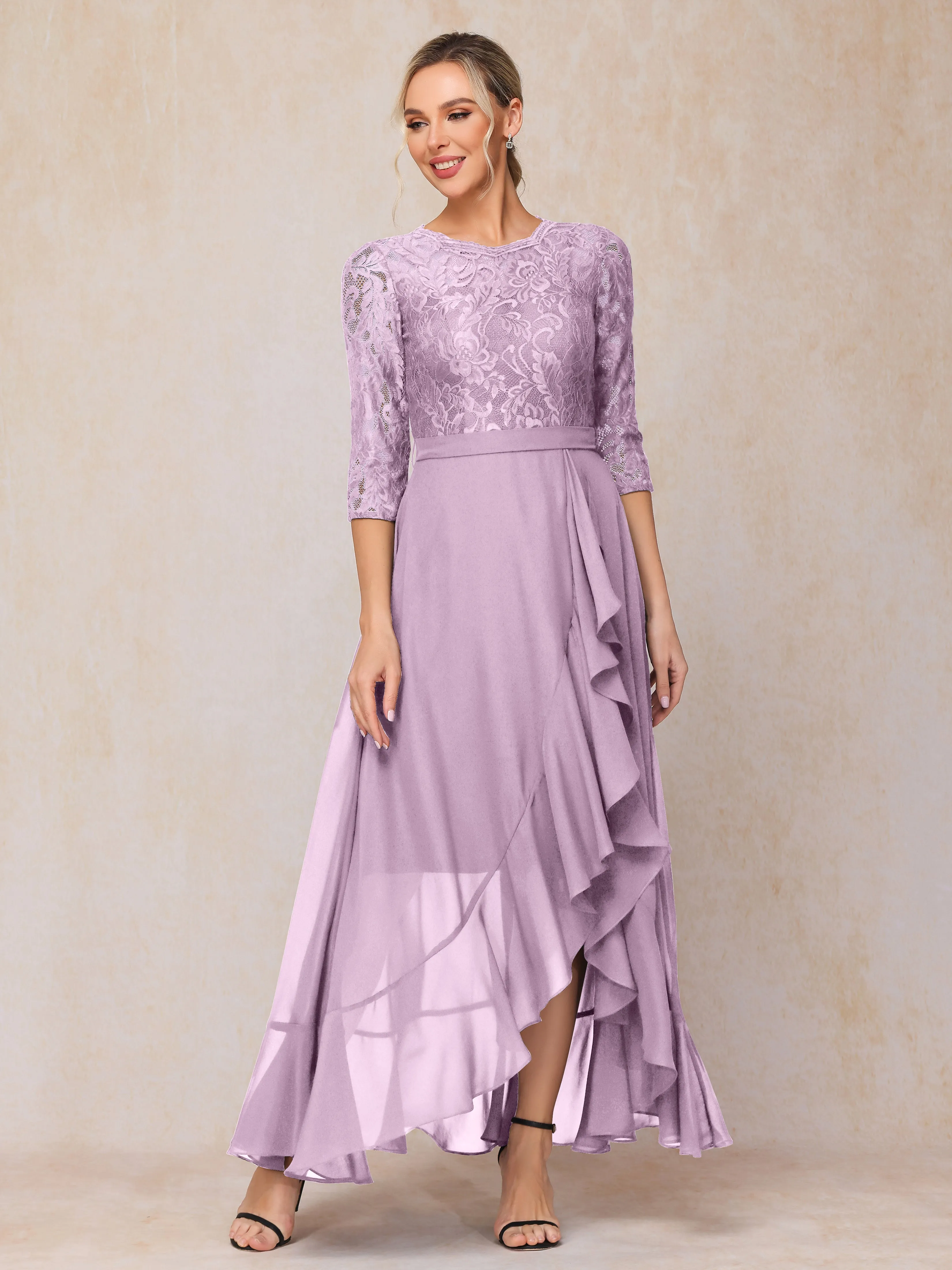 Asymmetrical 3/4 Length Sleeves Ruffles Long Chiffon Mother of the Bride Dresses