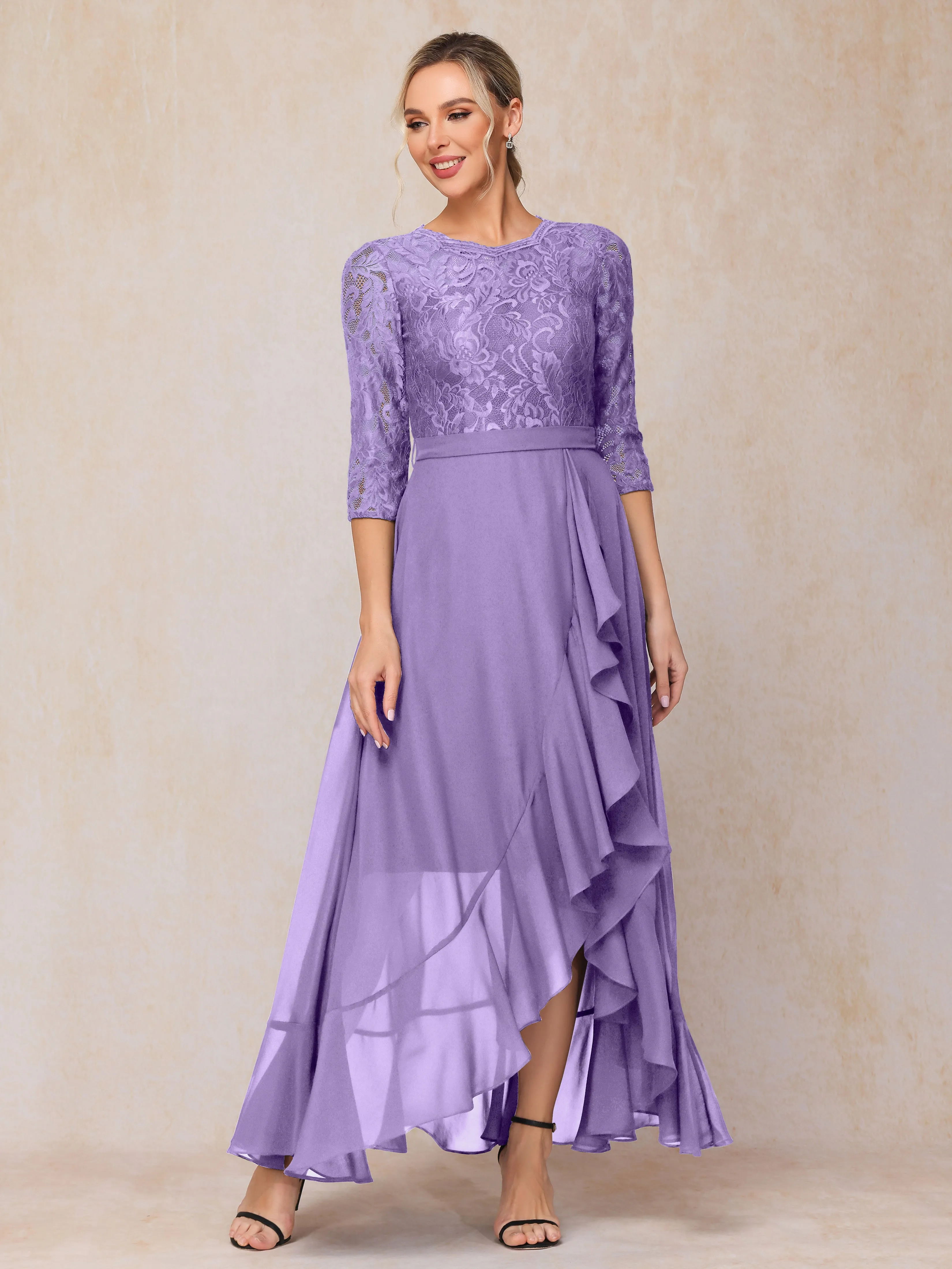 Asymmetrical 3/4 Length Sleeves Ruffles Long Chiffon Mother of the Bride Dresses