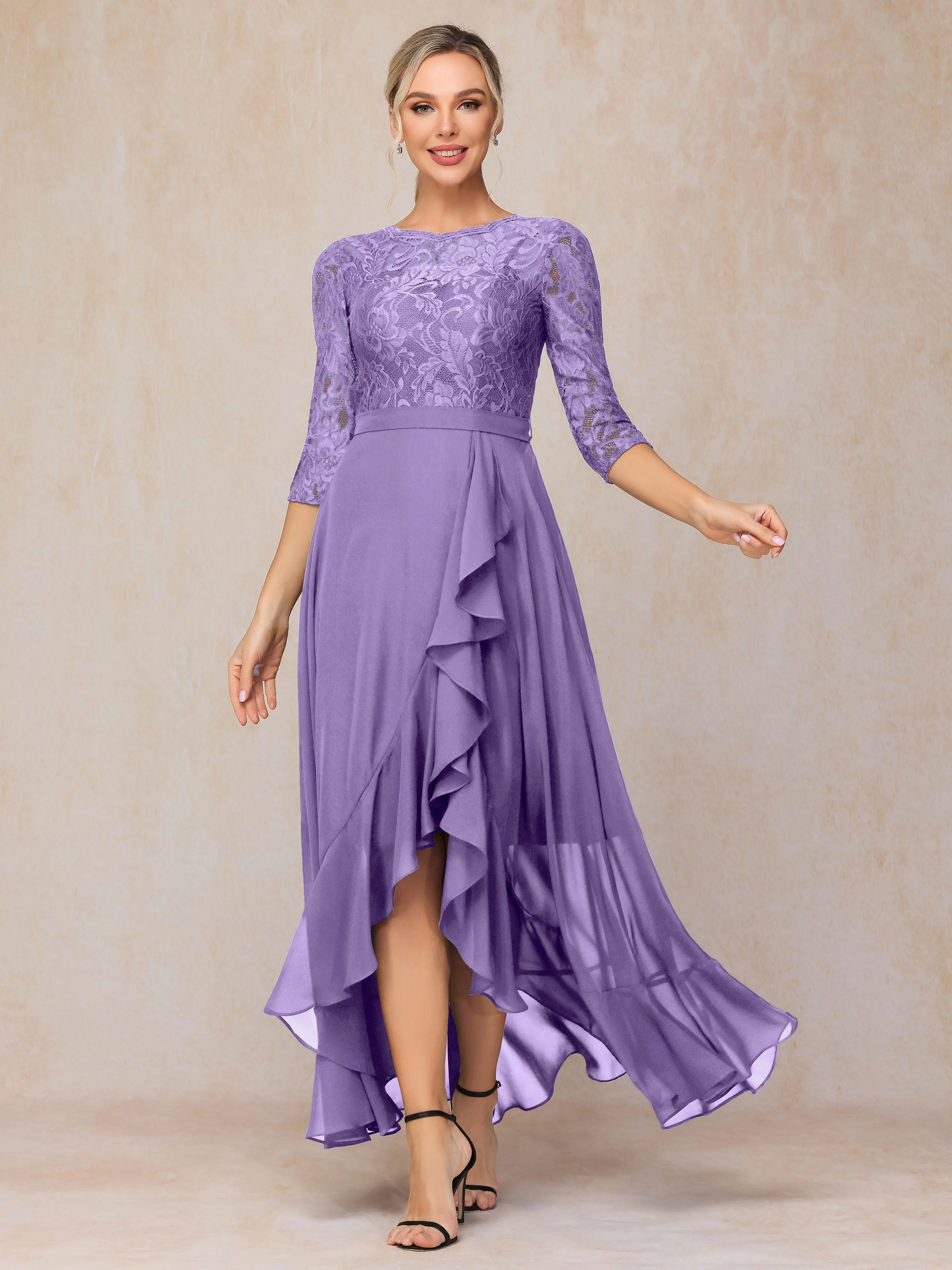 Asymmetrical 3/4 Length Sleeves Ruffles Long Chiffon Mother of the Bride Dresses