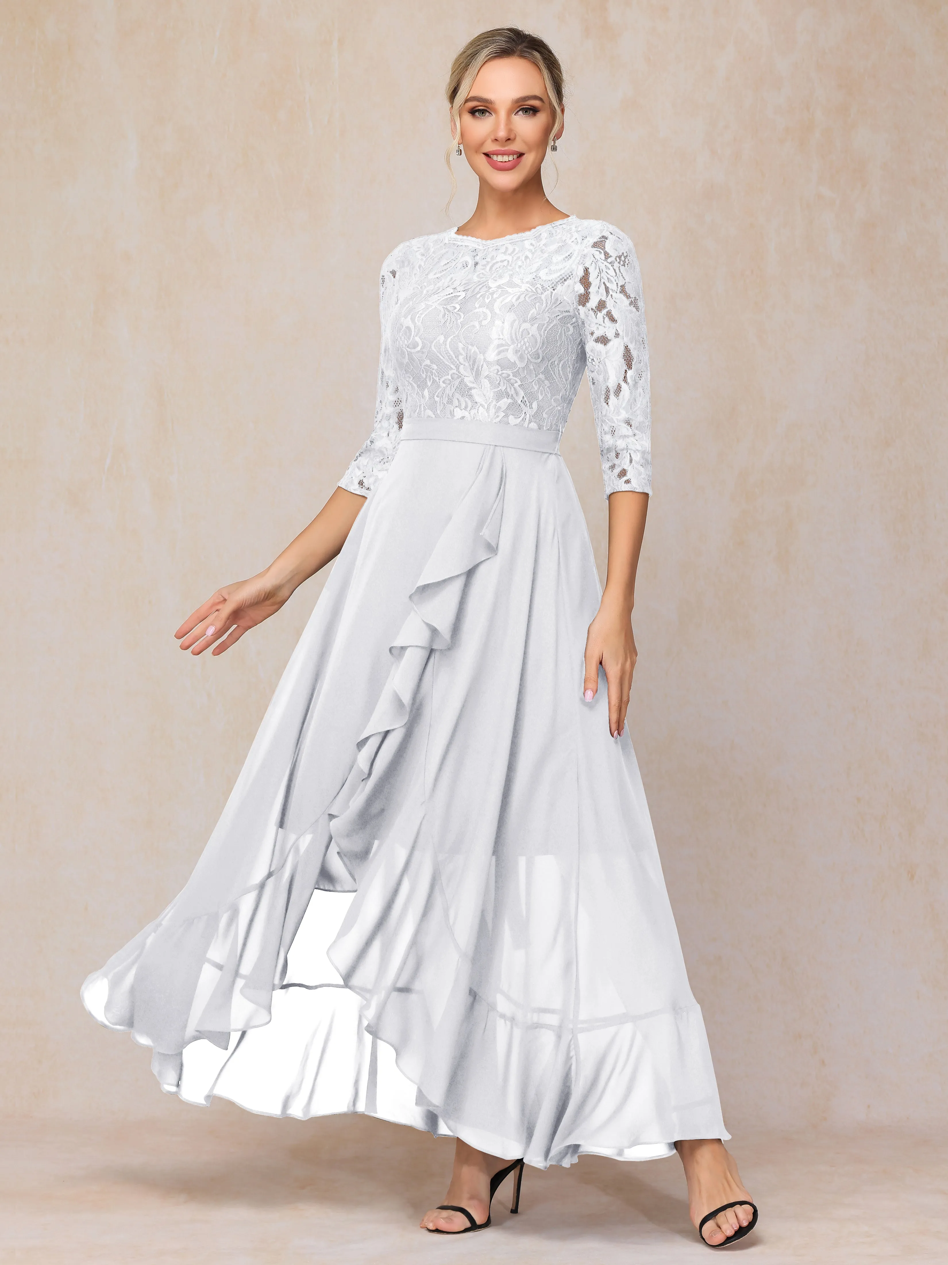 Asymmetrical 3/4 Length Sleeves Ruffles Long Chiffon Mother of the Bride Dresses