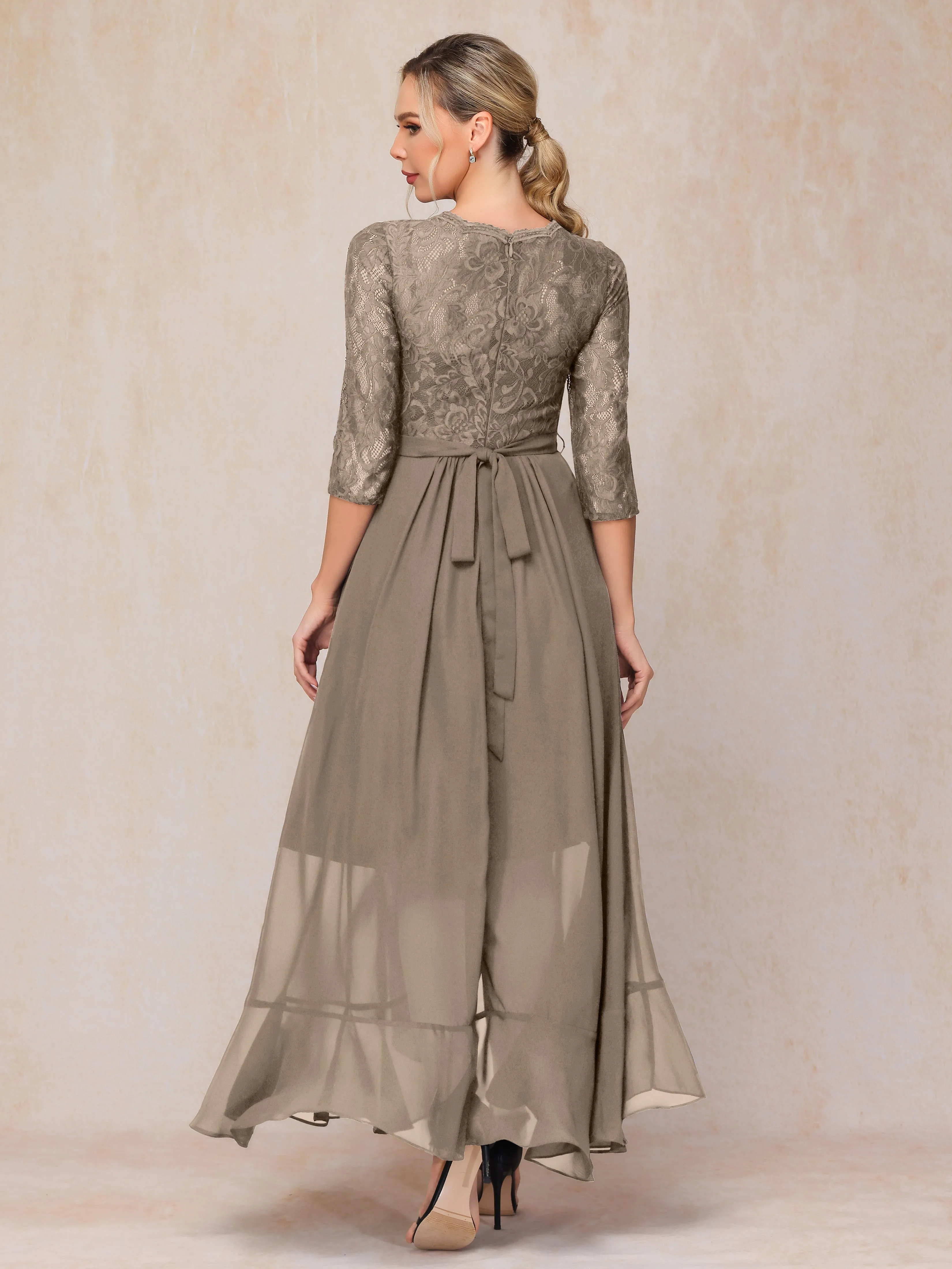 Asymmetrical 3/4 Length Sleeves Ruffles Long Chiffon Mother of the Bride Dresses