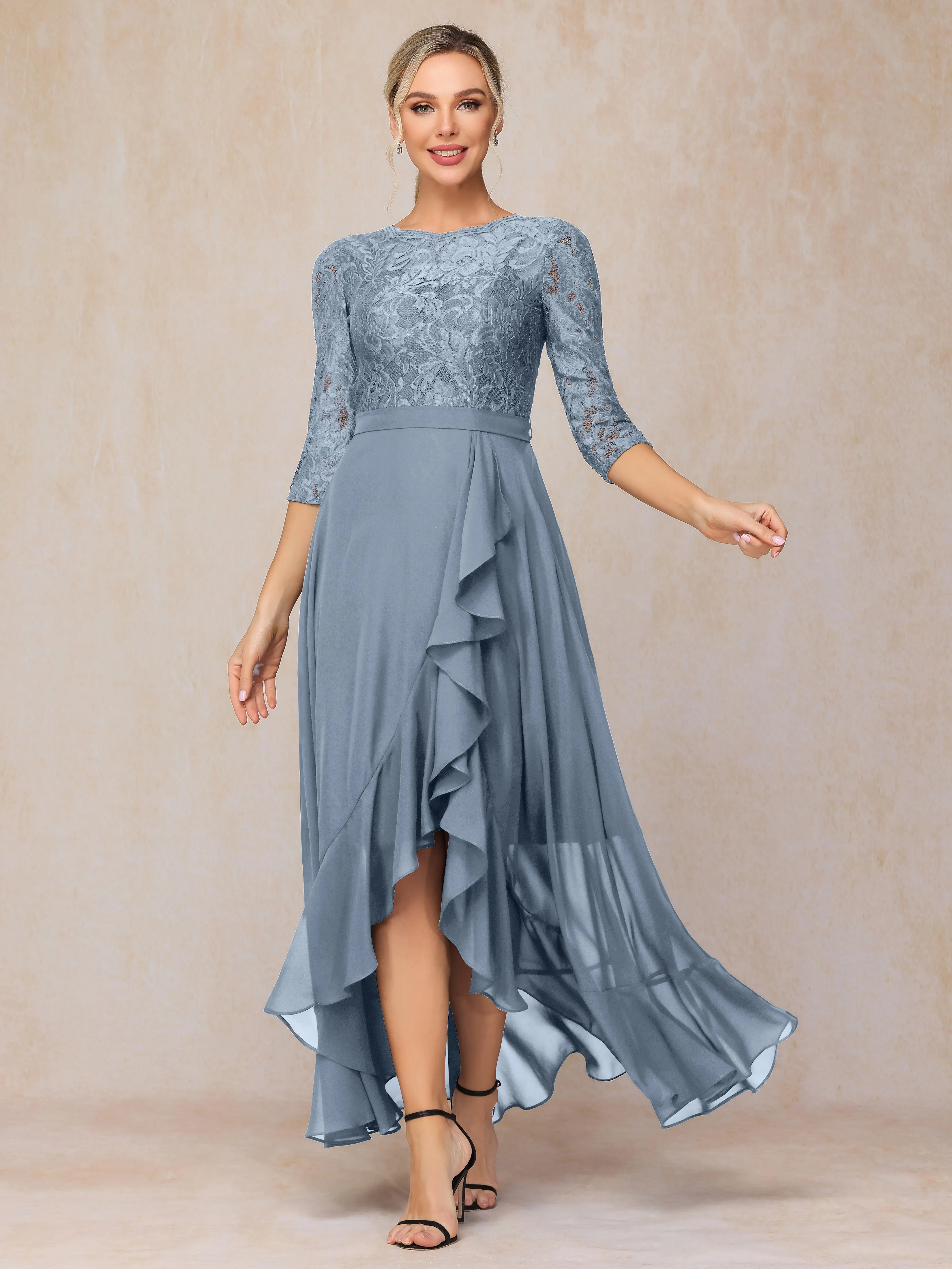 Asymmetrical 3/4 Length Sleeves Ruffles Long Chiffon Mother of the Bride Dresses