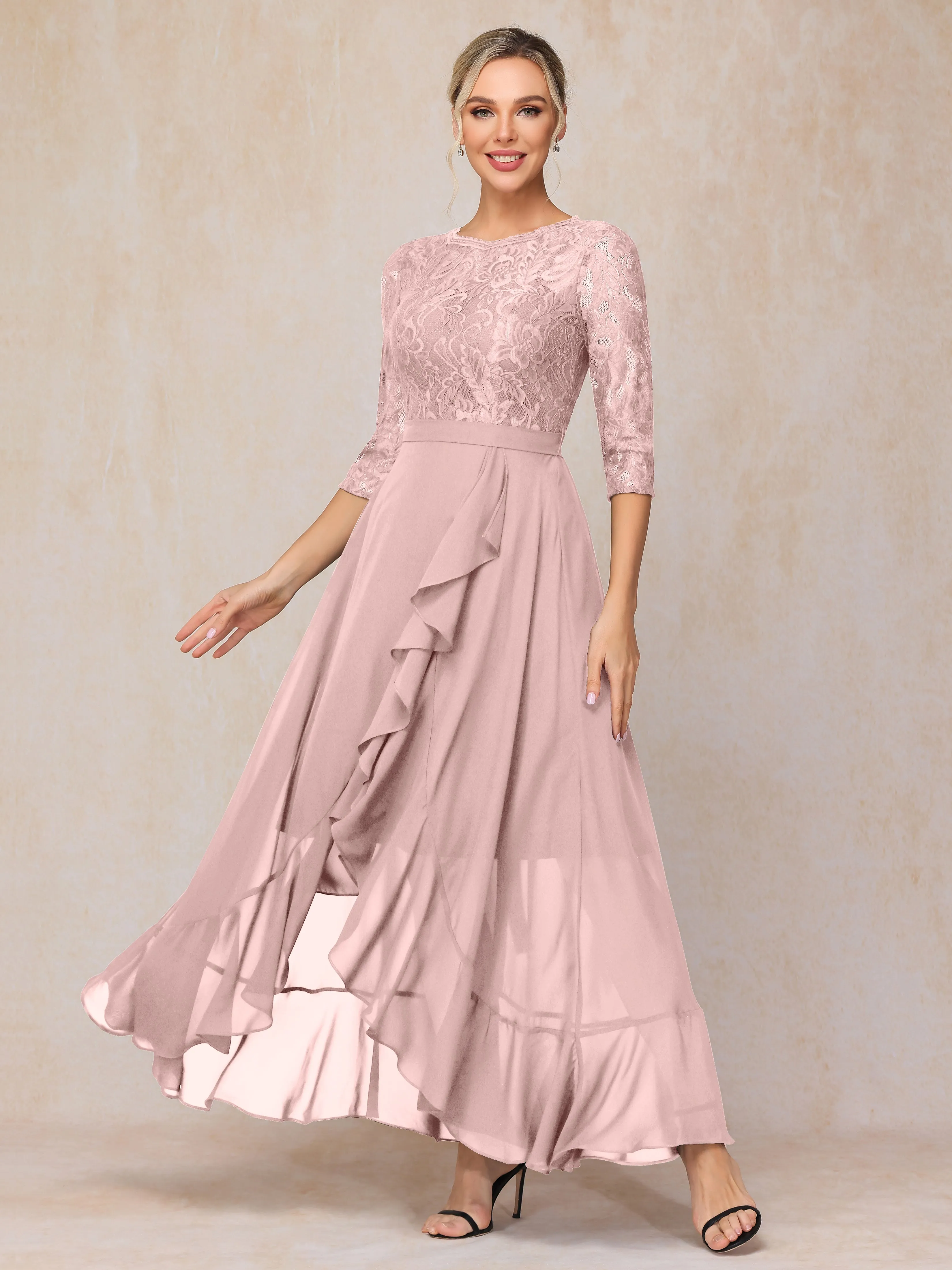 Asymmetrical 3/4 Length Sleeves Ruffles Long Chiffon Mother of the Bride Dresses