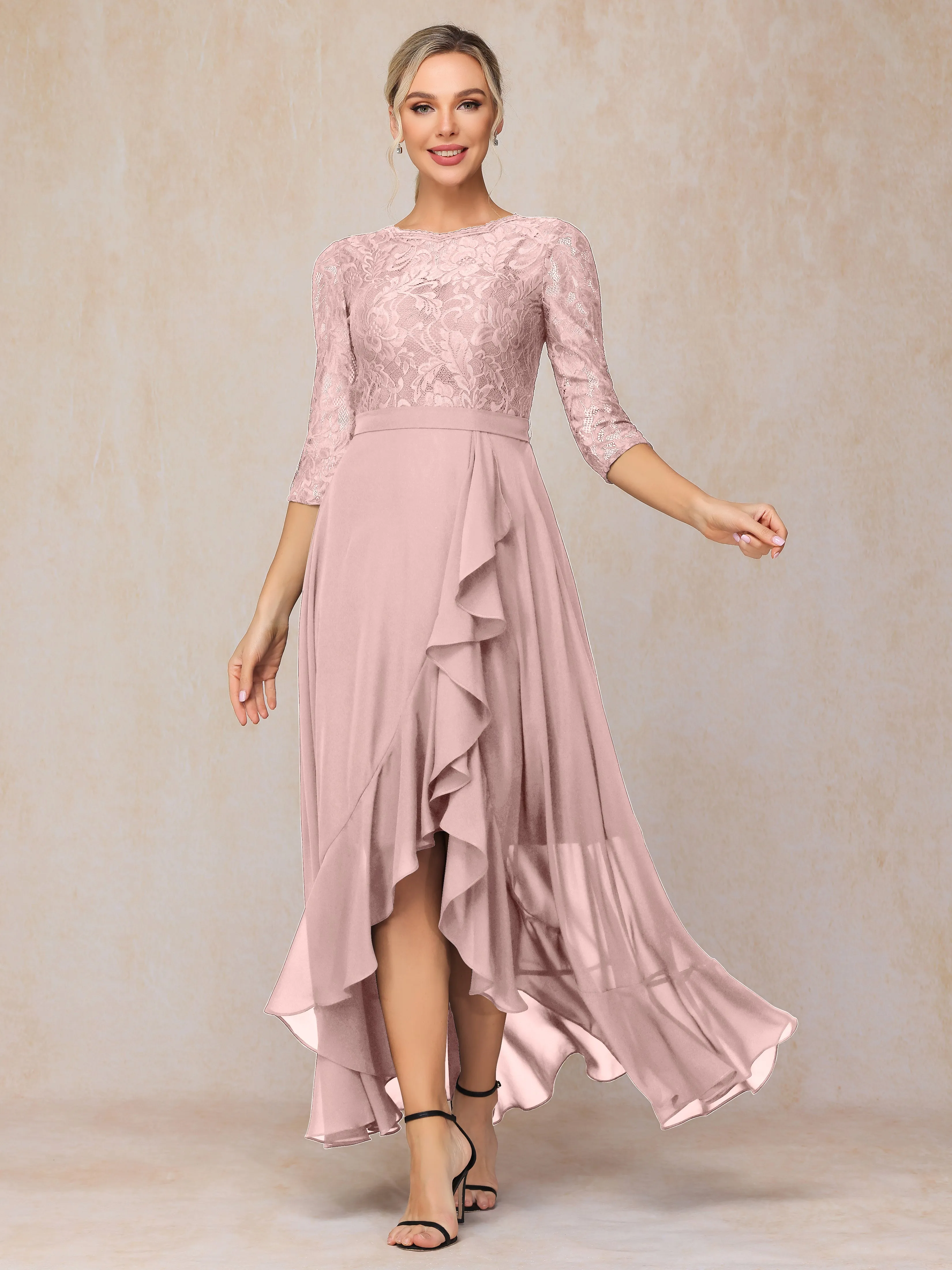 Asymmetrical 3/4 Length Sleeves Ruffles Long Chiffon Mother of the Bride Dresses