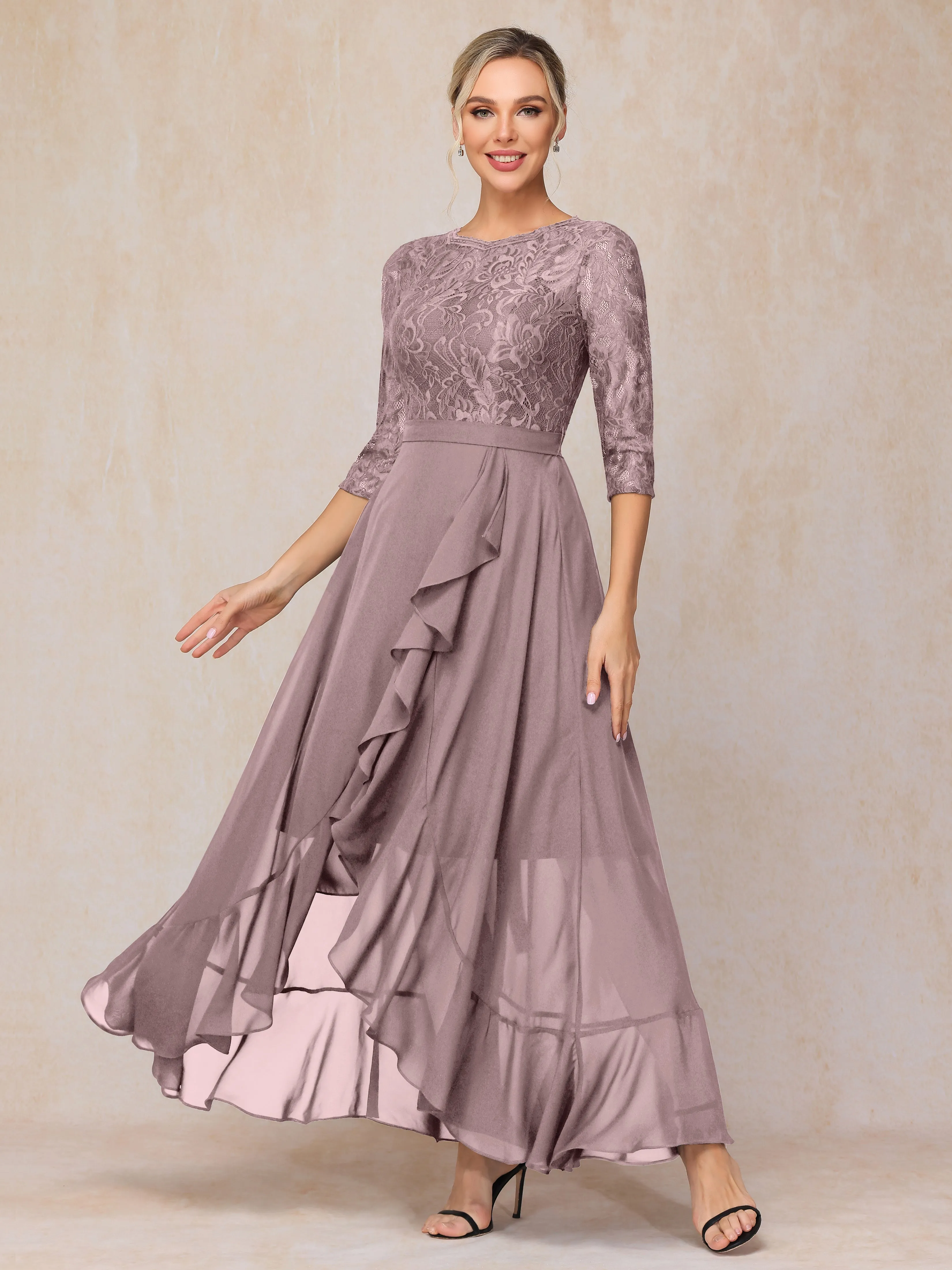 Asymmetrical 3/4 Length Sleeves Ruffles Long Chiffon Mother of the Bride Dresses