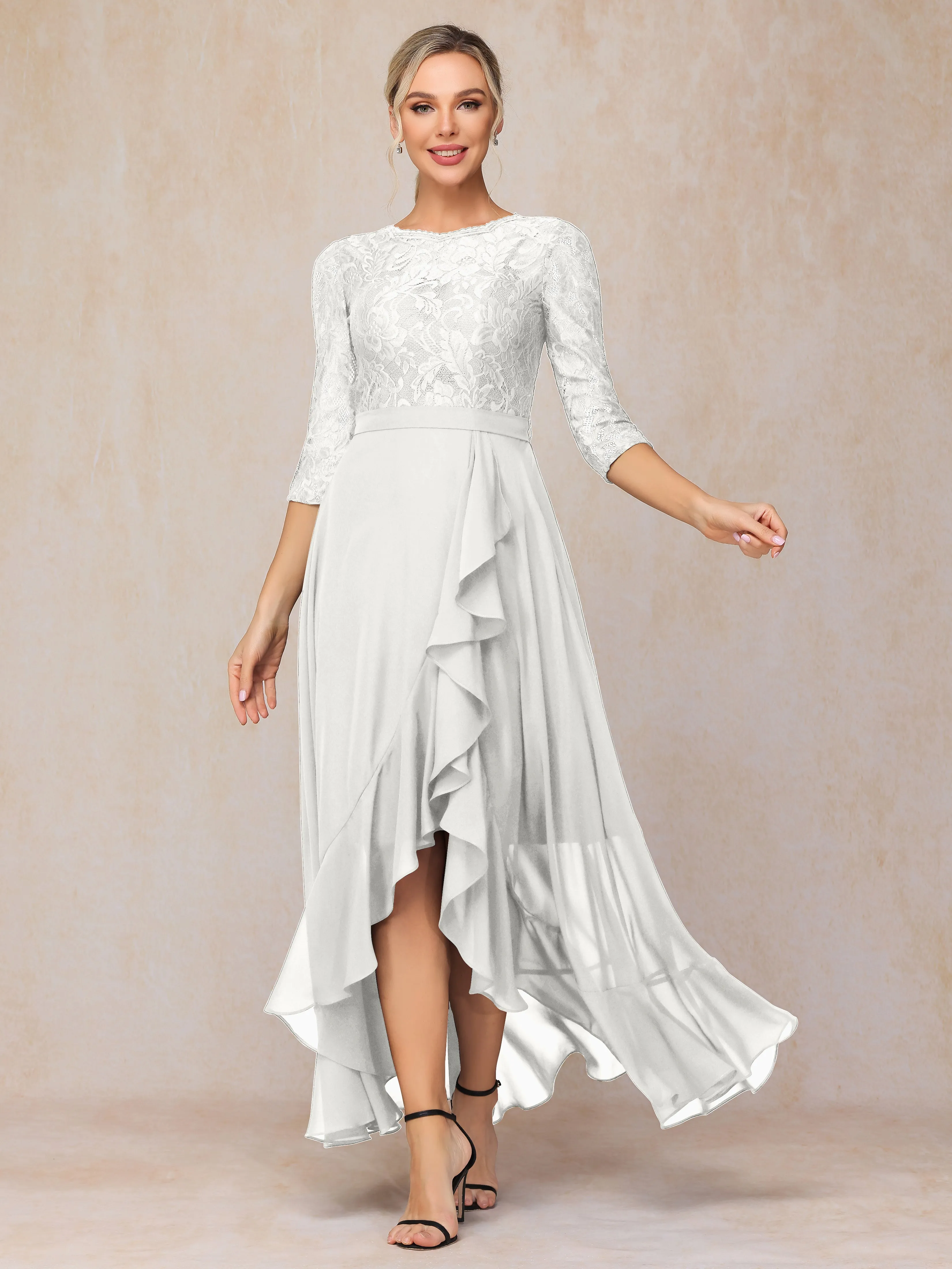 Asymmetrical 3/4 Length Sleeves Ruffles Long Chiffon Mother of the Bride Dresses