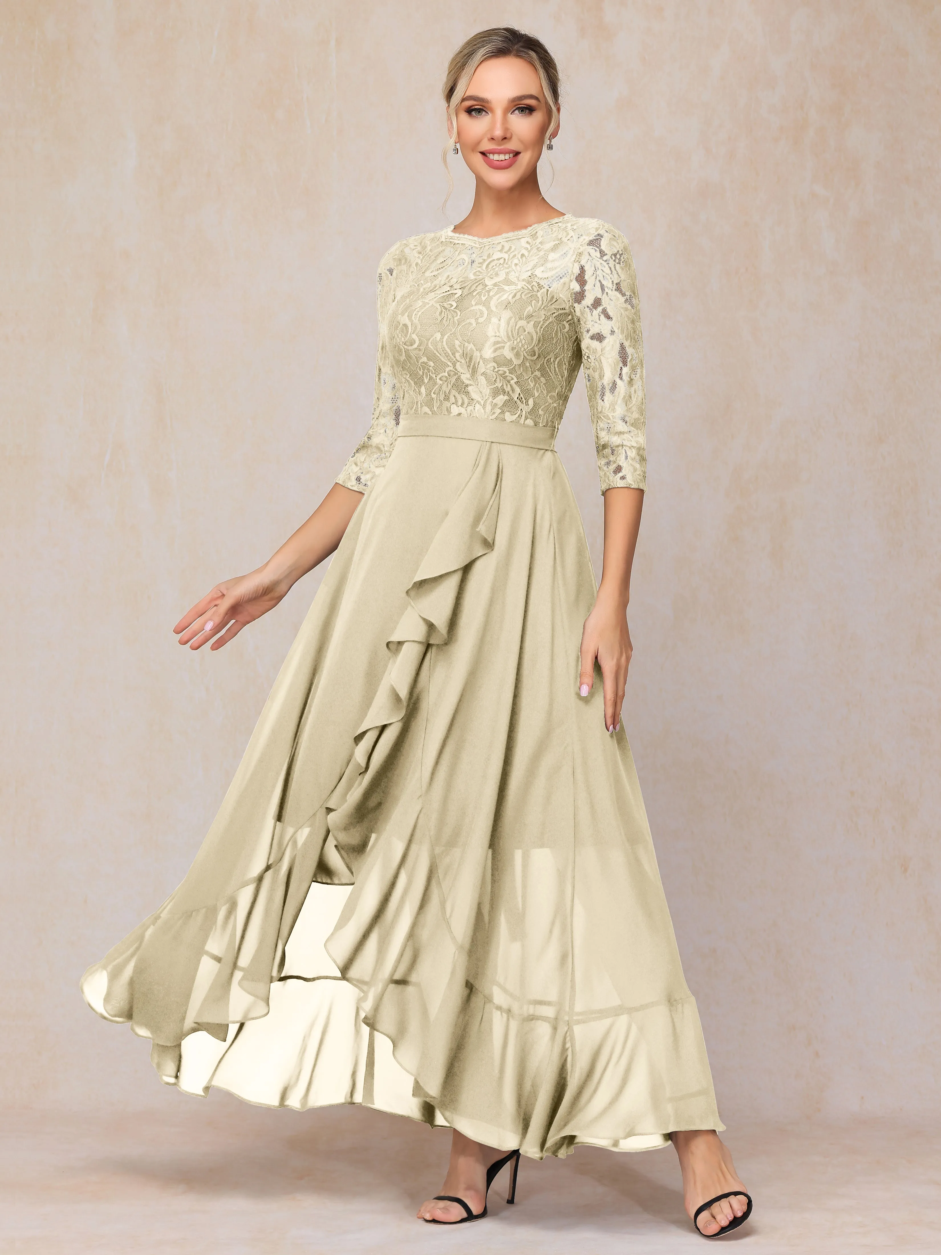 Asymmetrical 3/4 Length Sleeves Ruffles Long Chiffon Mother of the Bride Dresses