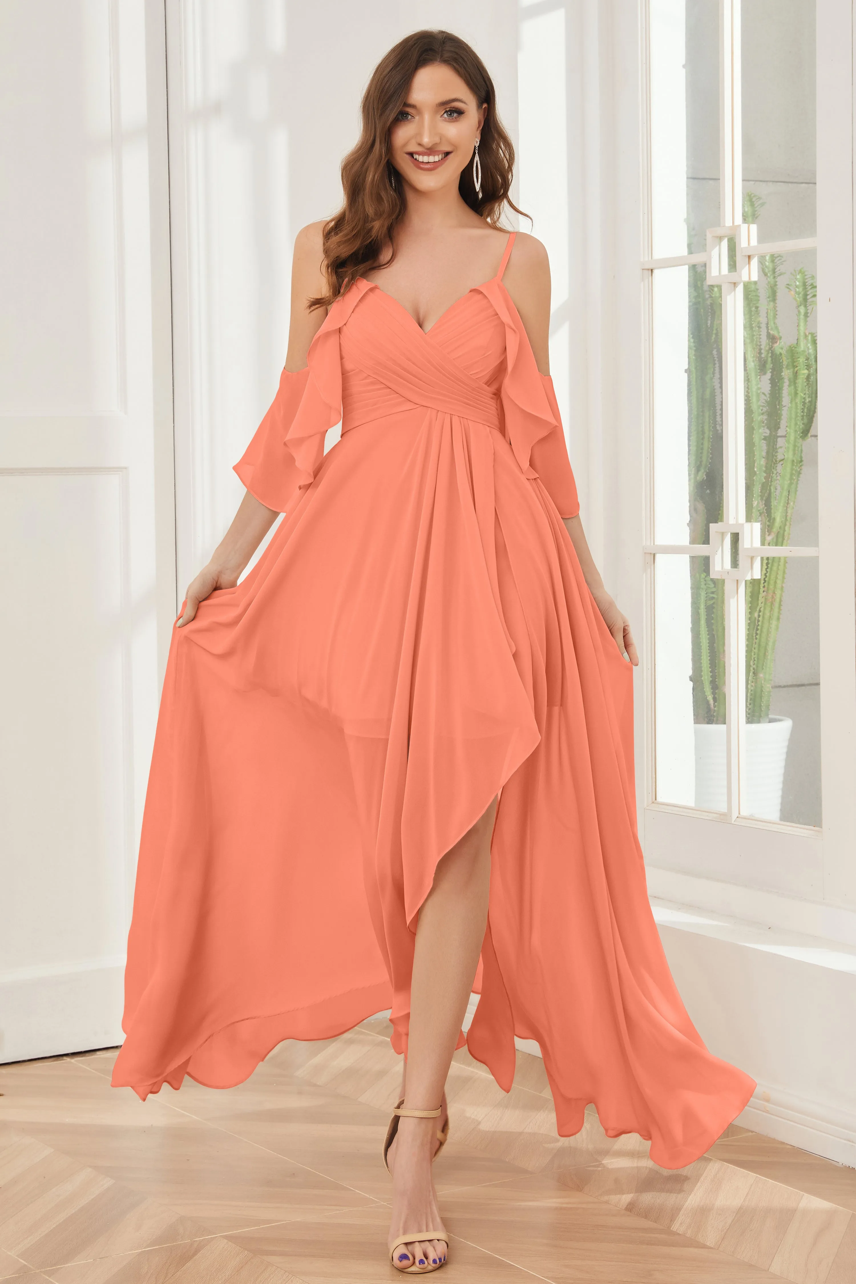 Asymmetrical Off the Shoulder Ruffles Chiffon Bridesmaid Dresses