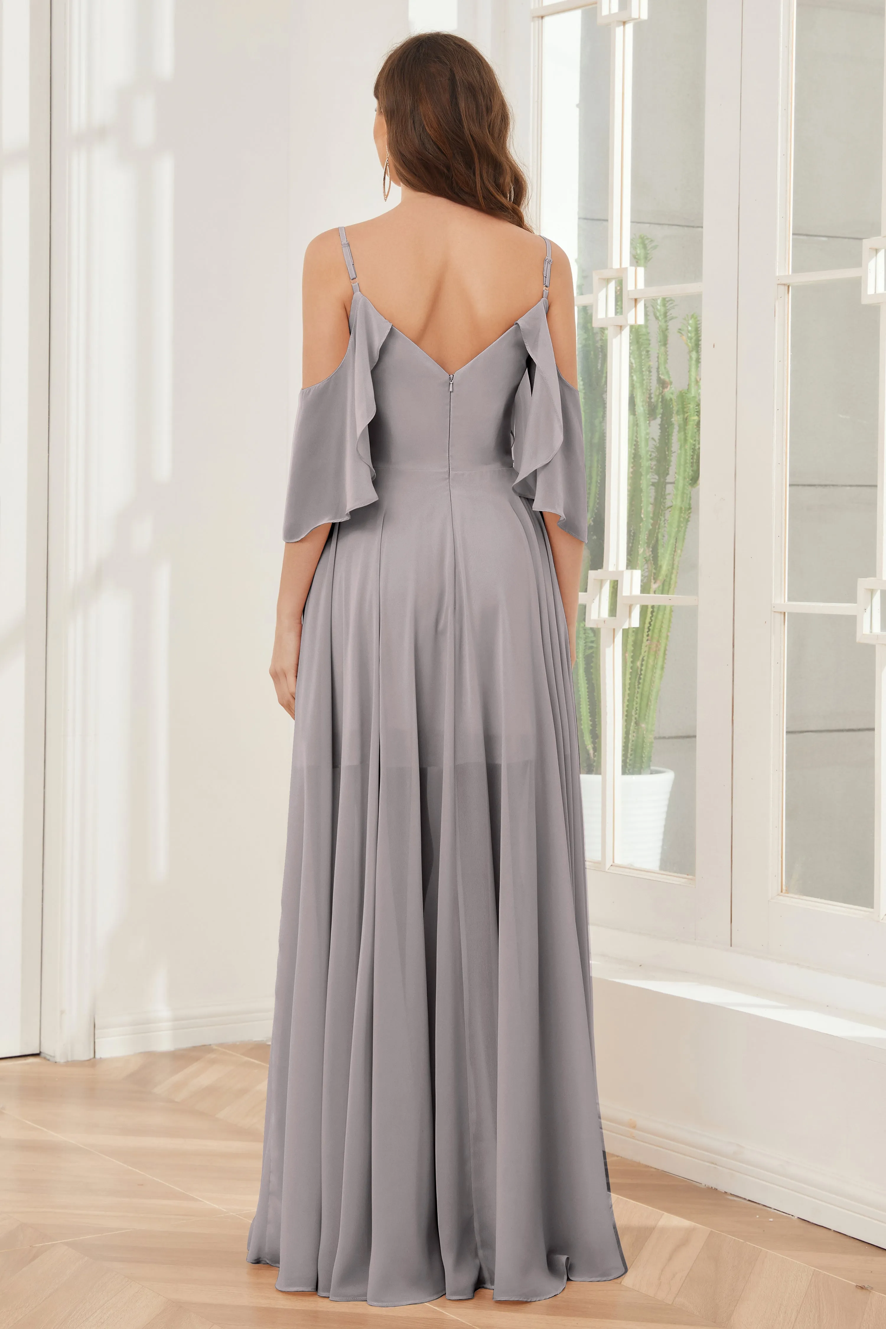 Asymmetrical Off the Shoulder Ruffles Chiffon Bridesmaid Dresses