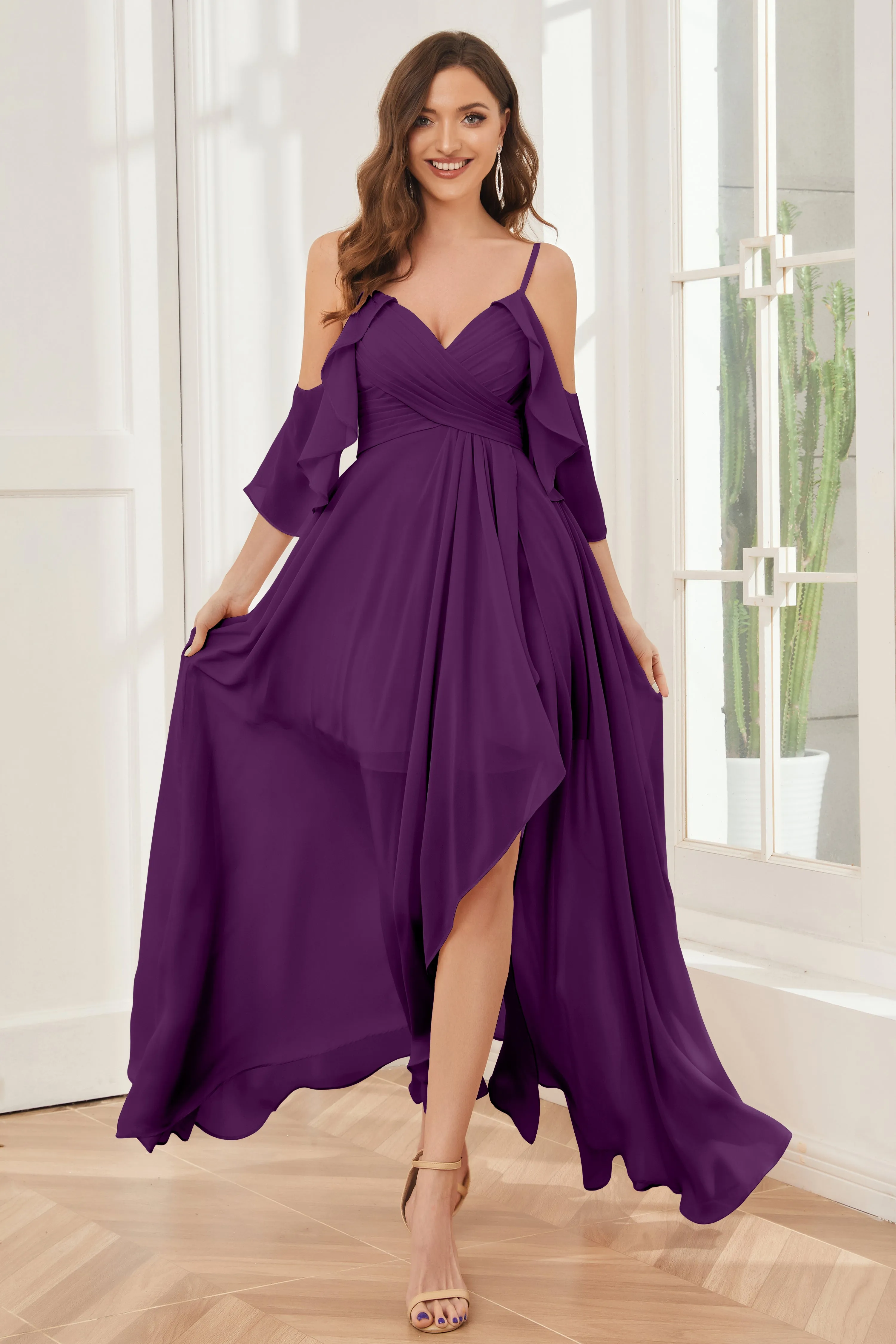 Asymmetrical Off the Shoulder Ruffles Chiffon Bridesmaid Dresses