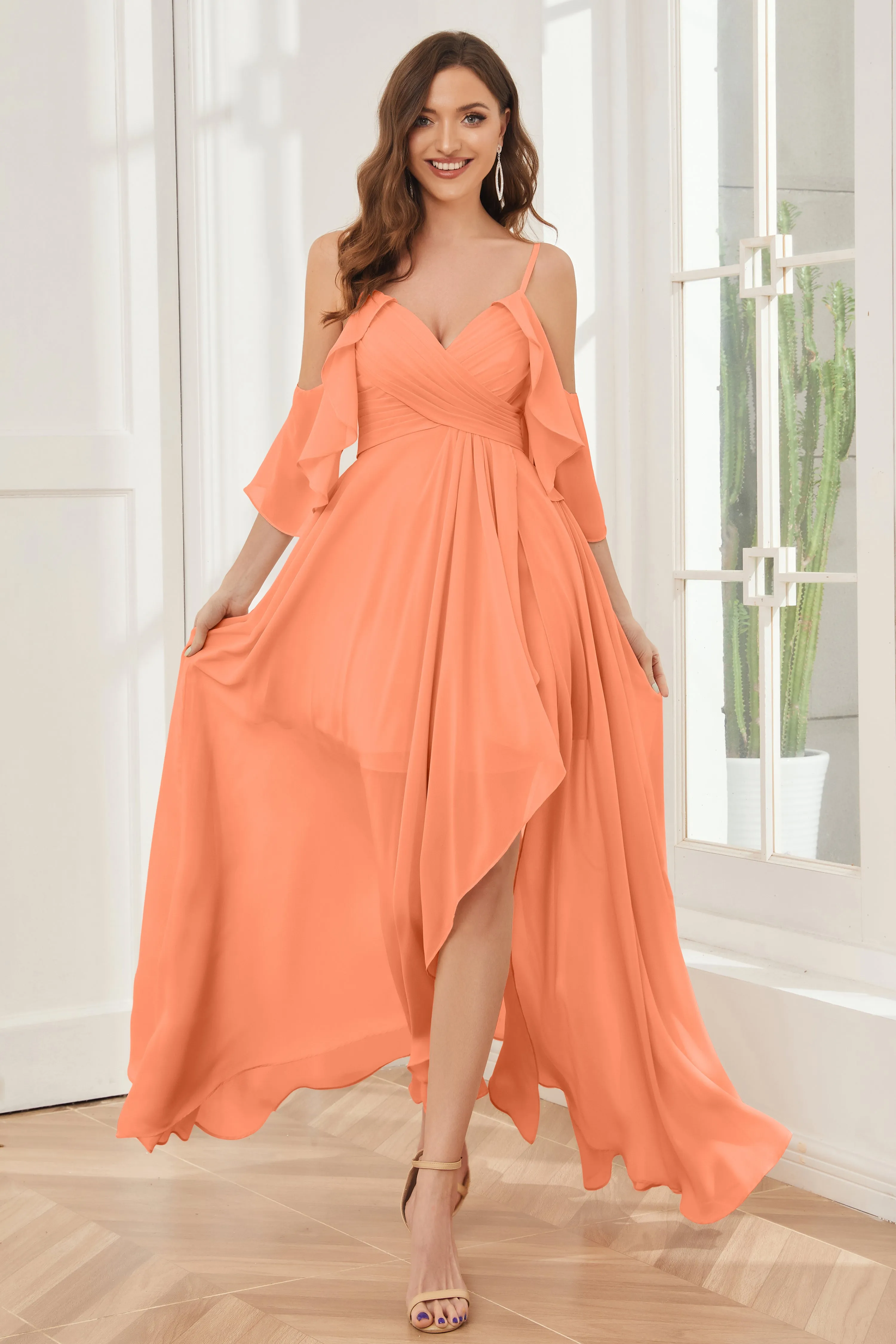 Asymmetrical Off the Shoulder Ruffles Chiffon Bridesmaid Dresses