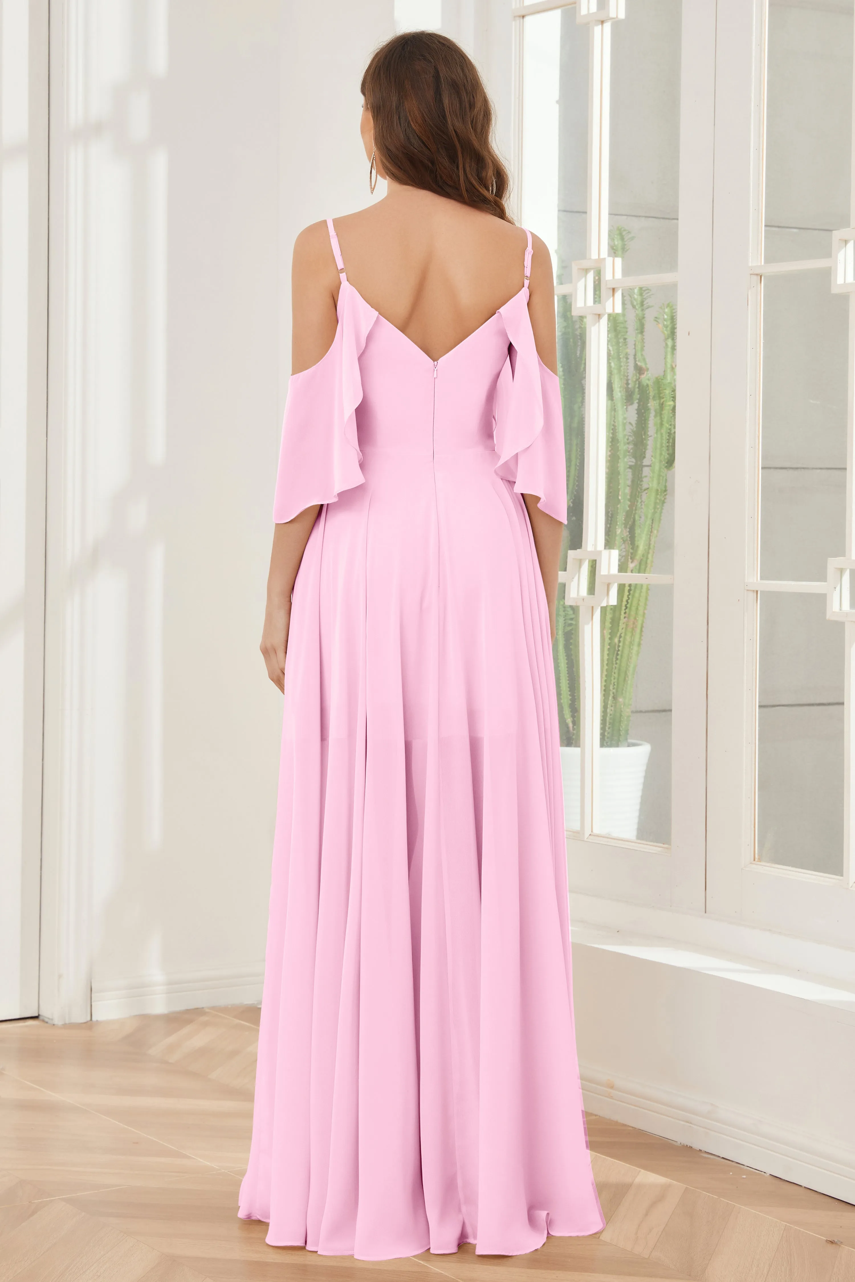 Asymmetrical Off the Shoulder Ruffles Chiffon Bridesmaid Dresses