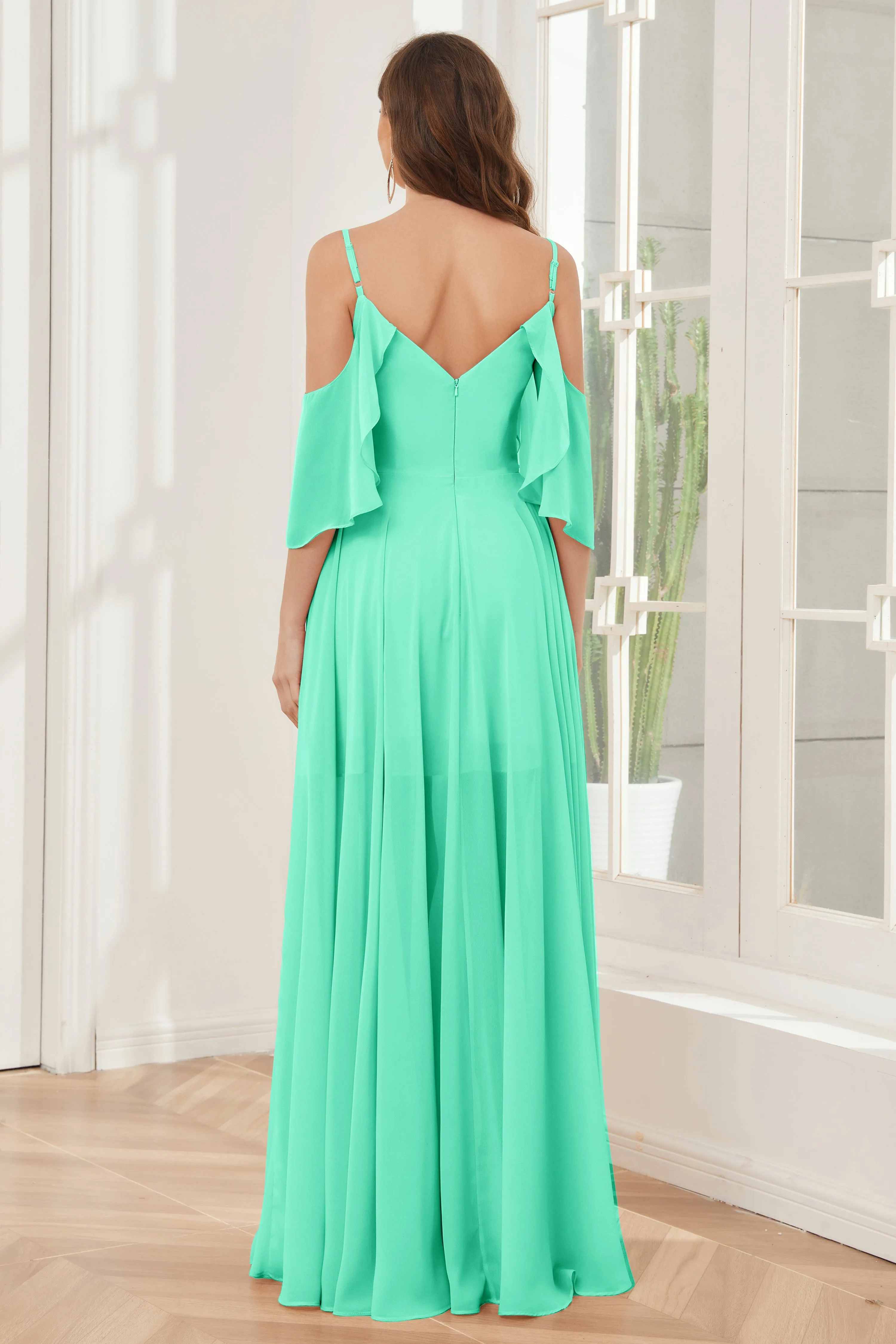 Asymmetrical Off the Shoulder Ruffles Chiffon Bridesmaid Dresses