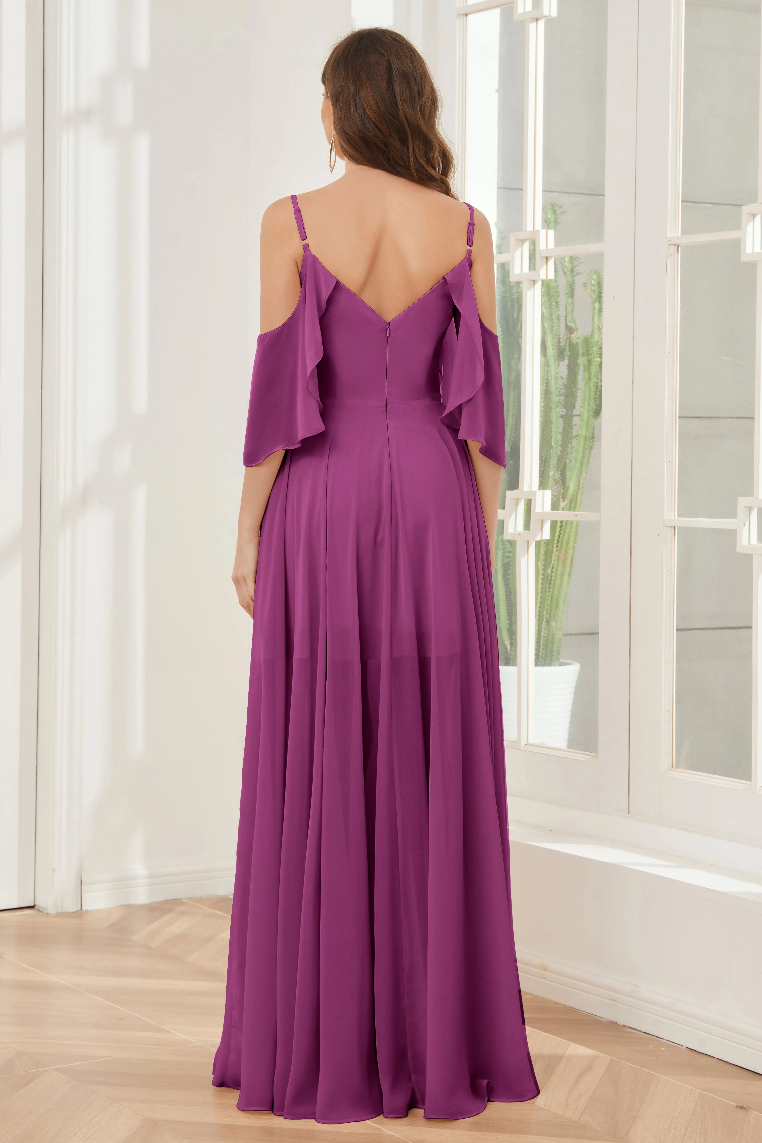 Asymmetrical Off the Shoulder Ruffles Chiffon Bridesmaid Dresses