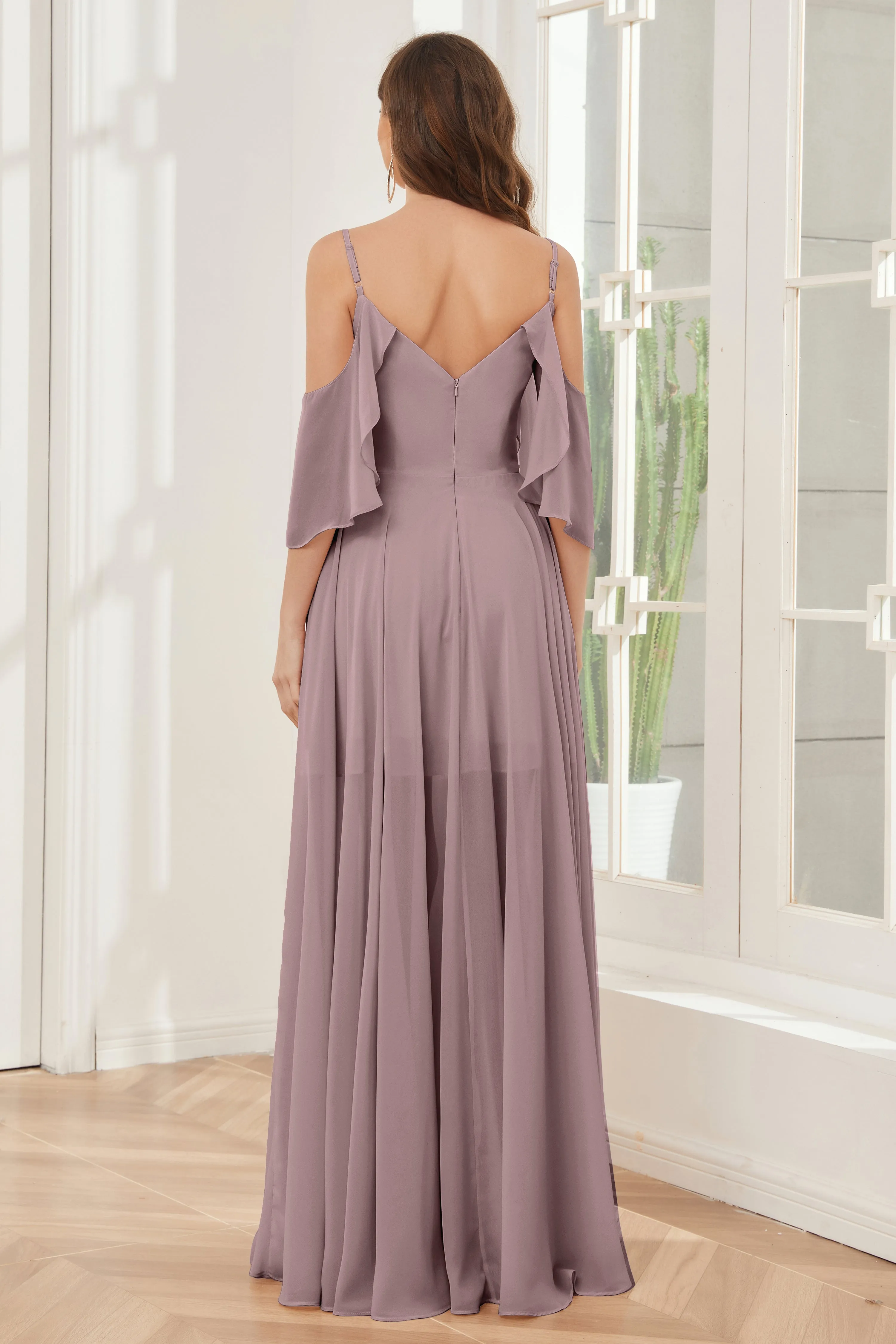 Asymmetrical Off the Shoulder Ruffles Chiffon Bridesmaid Dresses