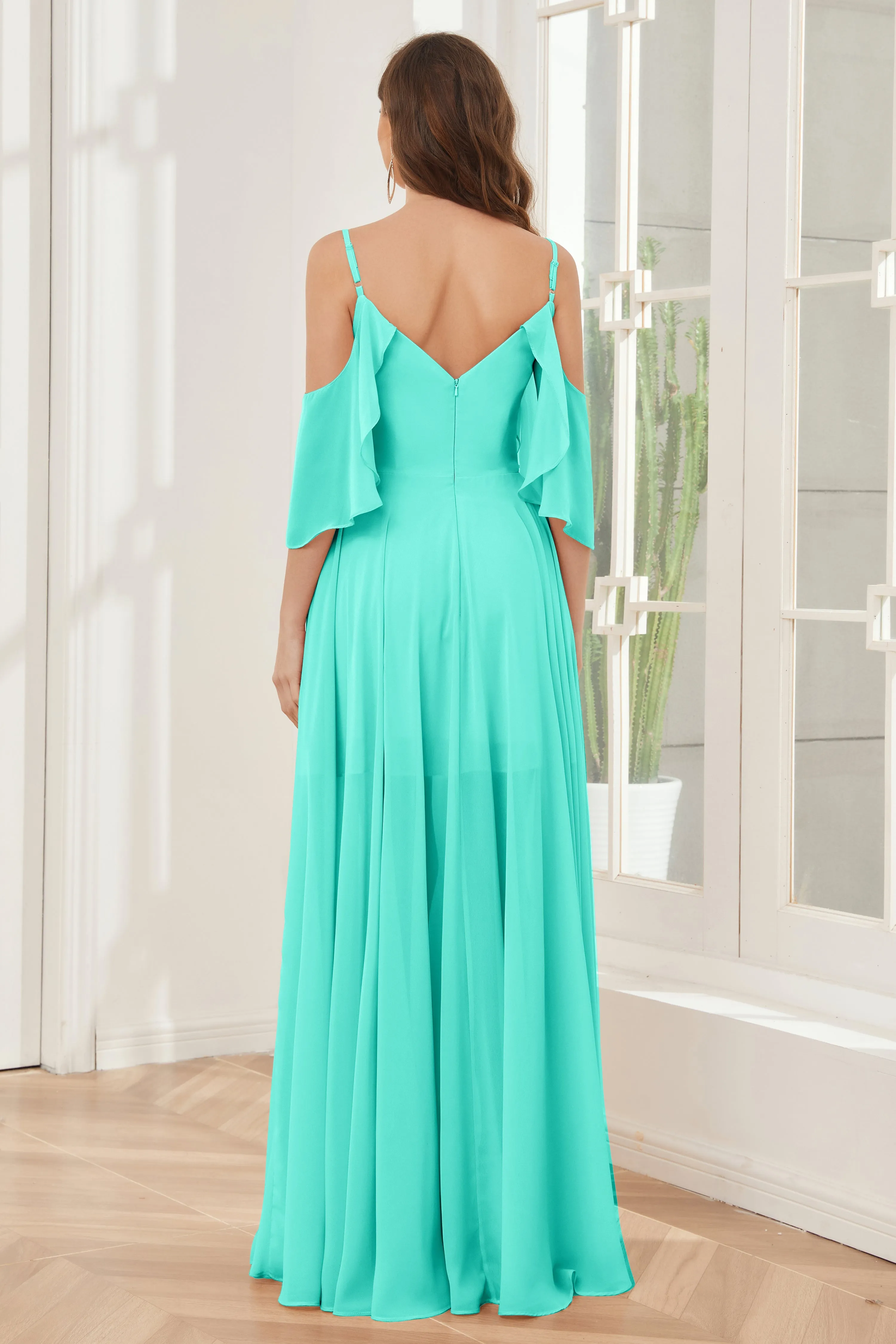 Asymmetrical Off the Shoulder Ruffles Chiffon Bridesmaid Dresses