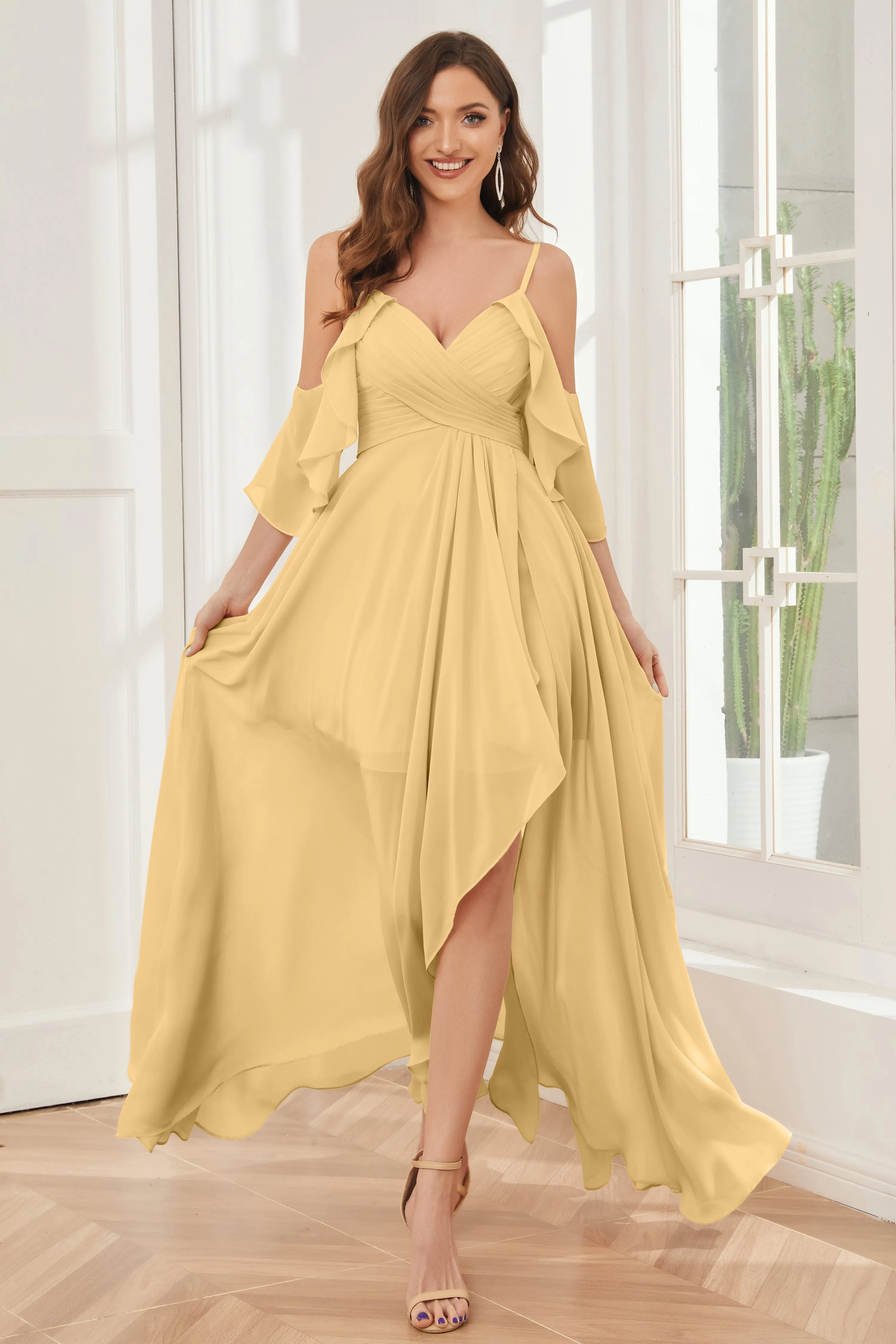 Asymmetrical Off the Shoulder Ruffles Chiffon Bridesmaid Dresses