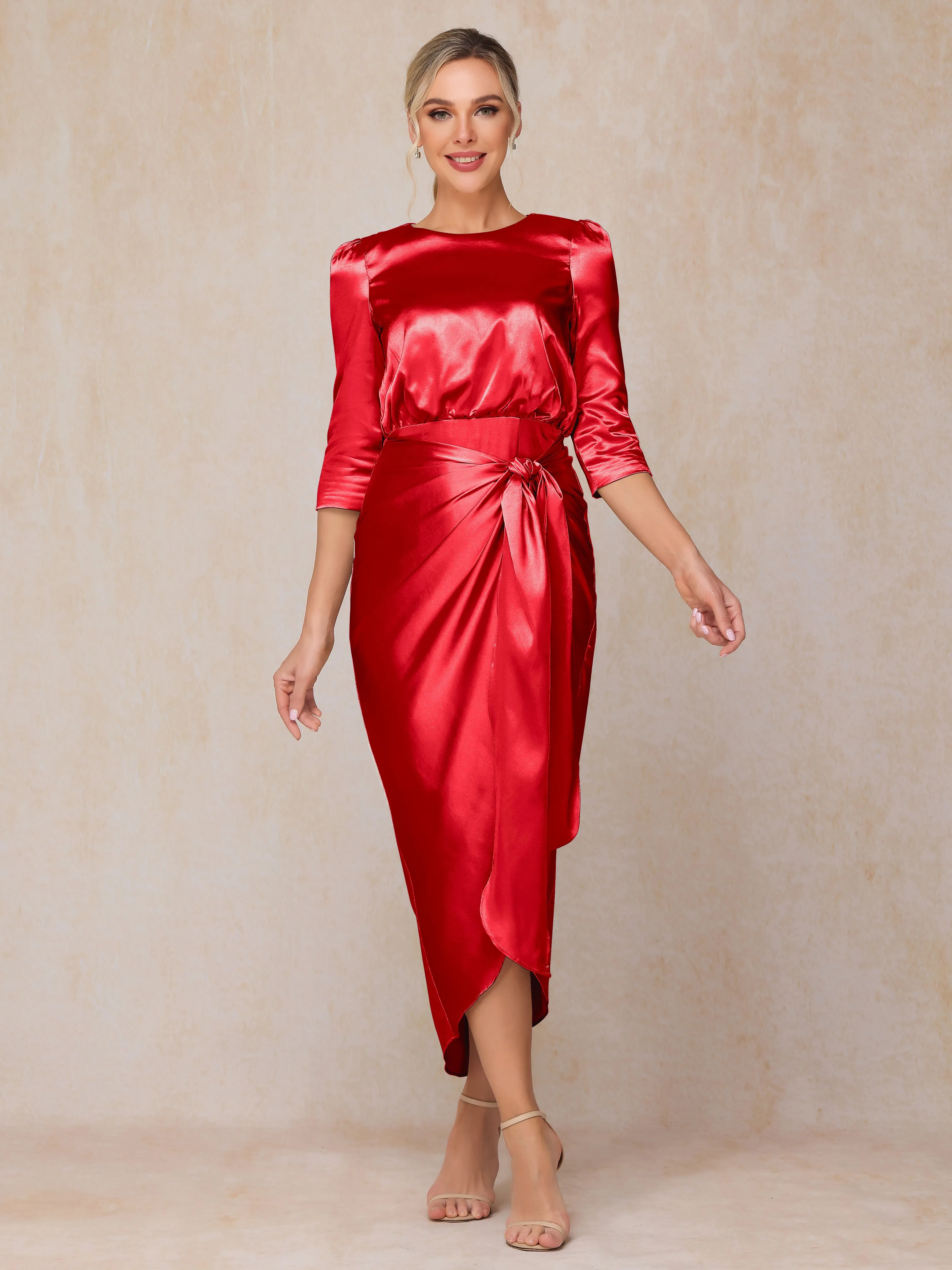 Asymmetrical Scoop 3/4 Length Sleeves Soft Satin Mother of the Bride Dresses